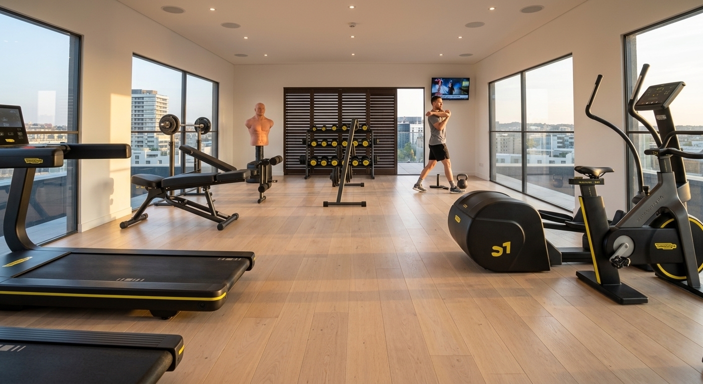 An incredibly lifelike, richly detailed, photorealistic wide-angle interior shot of a minimalist rooftop fitness gym set in a modern urban penthouse setting. The scene is illuminated by the soft, warm glow of late-afternoon sunlight pouring through expansive floor-to-ceiling panoramic glass windows, creating a serene, energizing, and clutter-free atmosphere. Captured with a professional full-frame camera using a 24mm architectural tilt-shift lens, emphasizing the fine natural grain of the pale hardwood flooring, crisp metallic finishes, and subtle reflections across the polished surfaces. The streamlined interior features neatly arranged, state-of-the-art matte black and vibrant yellow fitness equipment—including treadmills, stationary bikes, and free-weight stations—framing an open, Zen-inspired workout haven that seamlessly merges functional luxury with breathtaking views of the surrounding city skyline.
