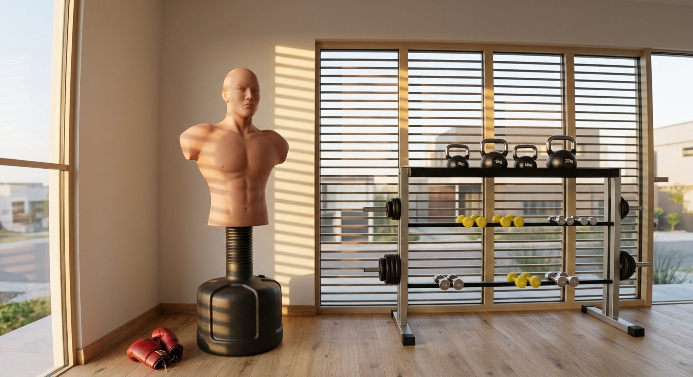 An incredibly lifelike, richly detailed, photorealistic eye-level interior shot of a modern home fitness gym set in a minimalist residential haven. The scene is illuminated by warm, low-angled golden hour sunlight streaming through floor-to-ceiling slatted glass windows, creating a serene and energizing atmosphere. Captured with a 35mm architectural prime lens, emphasizing the organic grain of the light oak flooring, the smooth matte finish of the freestanding martial arts striking dummy, and the crisp metallic sheen of the fitness equipment. A pair of striking red boxing gloves rests neatly on the clean floor, while a streamlined black-and-silver steel rack organizes kettlebells, weight plates, and vibrant yellow dumbbells against subtle off-white walls, embodying a functional, uncluttered, and zen-inspired workout space.
