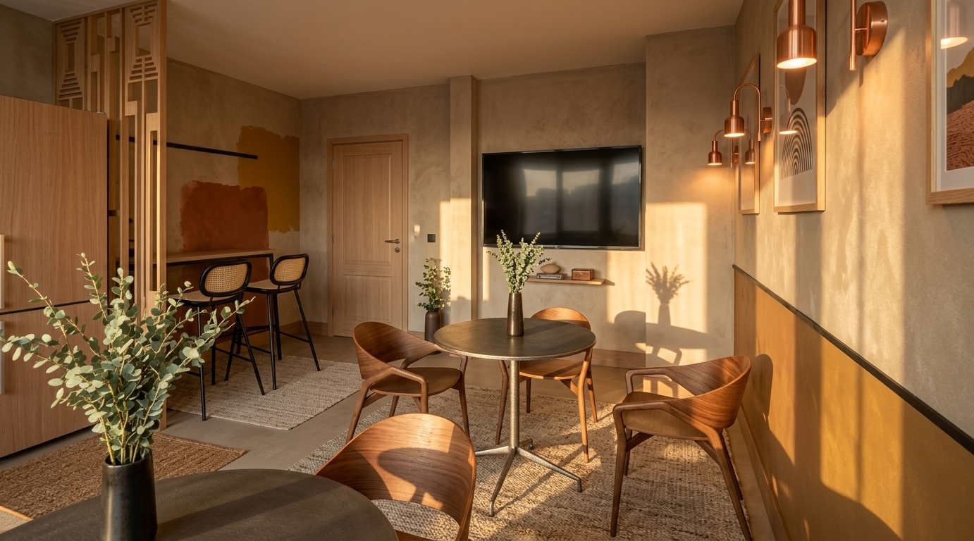 An incredibly lifelike, richly detailed, photorealistic eye-level interior shot of an eclectic bohemian dining room set in a sun-drenched contemporary apartment. The scene is illuminated by warm, late-afternoon golden hour sunlight slanting through large windows, casting long, dramatic shadows and creating an inviting, free-spirited atmosphere. Captured with a 35mm wide-angle lens, emphasizing tactile textures of sculpted bentwood armchairs, smooth round cafe tables, and earthy matte-finished walls. Lush green eucalyptus sprigs sit in minimalist dark ceramic vases, while the surrounding space features a harmonious palette of warm rust, mustard, deep earthy neutrals, and black metal accents. Along the wall, sleek copper sconces softly glow beneath framed art pieces, while in the background, a cozy kitchen bar with stylish high stools seamlessly completes this warm, thoughtfully curated interior.
