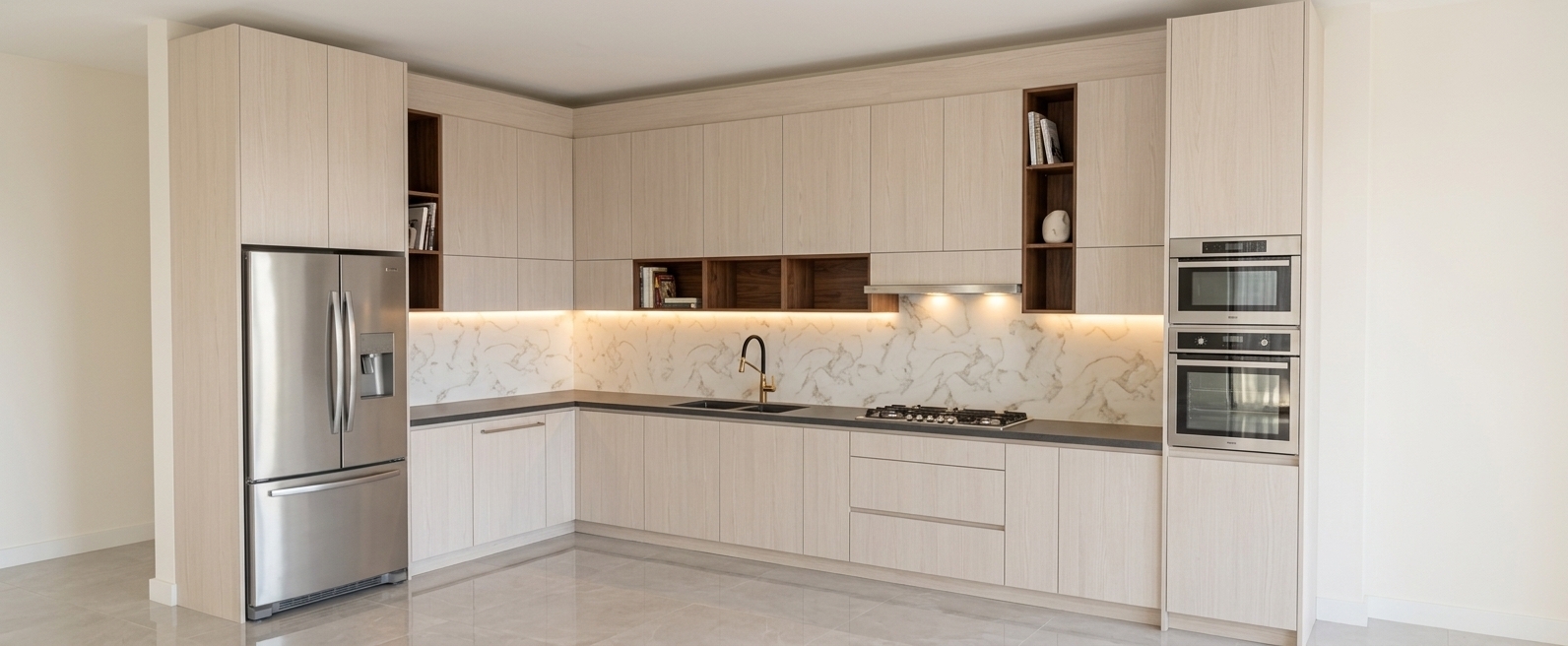An incredibly lifelike, richly detailed, photorealistic wide-angle interior shot of a luxurious kitchen set in a bright, modern Scandinavian sanctuary residence. The scene is illuminated by soft, radiant midday spring sunlight pouring across the surfaces, complemented by warm, diffused under-cabinet LED strip lighting that casts a gentle glow onto the polished Calacatta gold marble backsplash, creating an airy, sophisticated, and tranquil atmosphere. Captured with a high-end 24mm tilt-shift architectural lens, emphasizing the subtle vertical grain of the pale bleached-oak cabinetry, the rich walnut open-shelf inserts, and the pristine bevels along every cabinet edge. Sleek brushed stainless steel finishes on the French-door refrigerator and stacked built-in ovens reflect natural daylight with immaculate fidelity, while the honed charcoal countertops, integrated cooktop, and minimalist matte-black gooseneck faucet ground the composition. Below, expansive polished porcelain floor tiles faintly mirror the exquisite joinery and luminous textures, completing an exceptionally refined, functional architectural space.