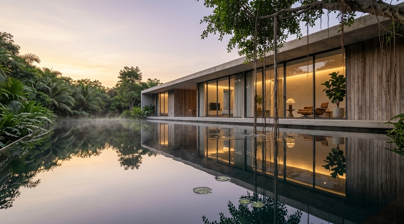 An incredibly lifelike, richly detailed, photorealistic wide-angle architectural shot of a modern minimalist pavilion and outdoor pool area set in a lush, tranquil tropical forest during spring. The scene is illuminated by the soft golden and pastel lilac glow of sunset paired with warm interior cove lighting, creating a serene, meditative, and uncluttered atmosphere. Captured with a 24mm tilt-shift architectural lens, emphasizing the tactile textures of raw concrete overhangs, weathered vertical timber paneling, wisps of steam drifting over the dark infinity pool, and delicate banyan vines framing the foreground. The streamlined single-story structure features seamless floor-to-ceiling glass facades that reveal an impeccably curated, zen-inspired interior complete with a classic leather lounge chair, minimalist decor, and a vibrant potted fiddle-leaf fig, all beautifully mirrored across the glassy, reflective water.