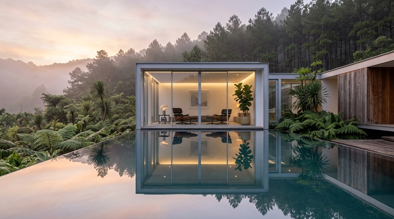An incredibly lifelike, richly detailed, photorealistic wide-angle architectural photograph of a modern minimalist pavilion and outdoor pool area set in a tranquil, misty spring forest landscape. The scene is illuminated by the soft, diffused pastel glow of a misty sunset combined with warm, hidden cove lighting from within the glass pavilion, creating a deeply serene, Zen-inspired atmosphere. Captured with a high-end full-frame architectural camera and a wide tilt-shift lens, emphasizing the crisp geometric lines, smooth timber grain, raw concrete textures, and the flawless mirror reflection of the infinity pool. 

Inside the streamlined, clutter-free glass haven, monochromatic and subtle pastel tones of white and gray harmonize with sleek wood-and-leather lounge chairs, minimal decor, elegant abstract wall art, a curated photography book on a simple side table, and a vibrant indoor fiddle-leaf fig plant. The exterior features an expansive infinity-edge pool that perfectly mirrors the glowing wooden pavilion and the surrounding dew-kissed giant ferns and pine-covered ridges, seamlessly bridging refined modern minimalism with the ethereal wilderness.