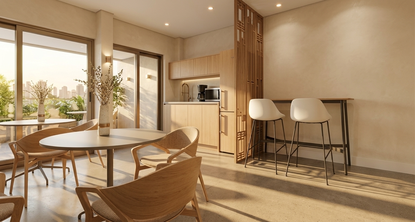 An incredibly lifelike, richly detailed, photorealistic wide-angle architectural photograph of a minimalist dining lounge and open-concept kitchenette set in a serene contemporary apartment. The scene is illuminated by soft, golden late-afternoon sunlight streaming through expansive sliding glass doors, casting elongated, gentle shadows across the floor and creating a warm, zen-inspired atmosphere. Captured with a professional 35mm architectural lens, emphasizing the smooth textures of light-oak curved dining chairs, sleek matte table surfaces, and delicate green indoor botanicals. In the foreground, elegantly styled round dining tables create an uncluttered, modern dining nook, while a decorative wooden partition screen subtly divides the space from a functional, streamlined kitchenette and a sleek high-top bar station with slender-legged stools. Monochromatic, warm neutral walls and seamless polished concrete flooring underscore the serene, clutter-free elegance of this functional haven.