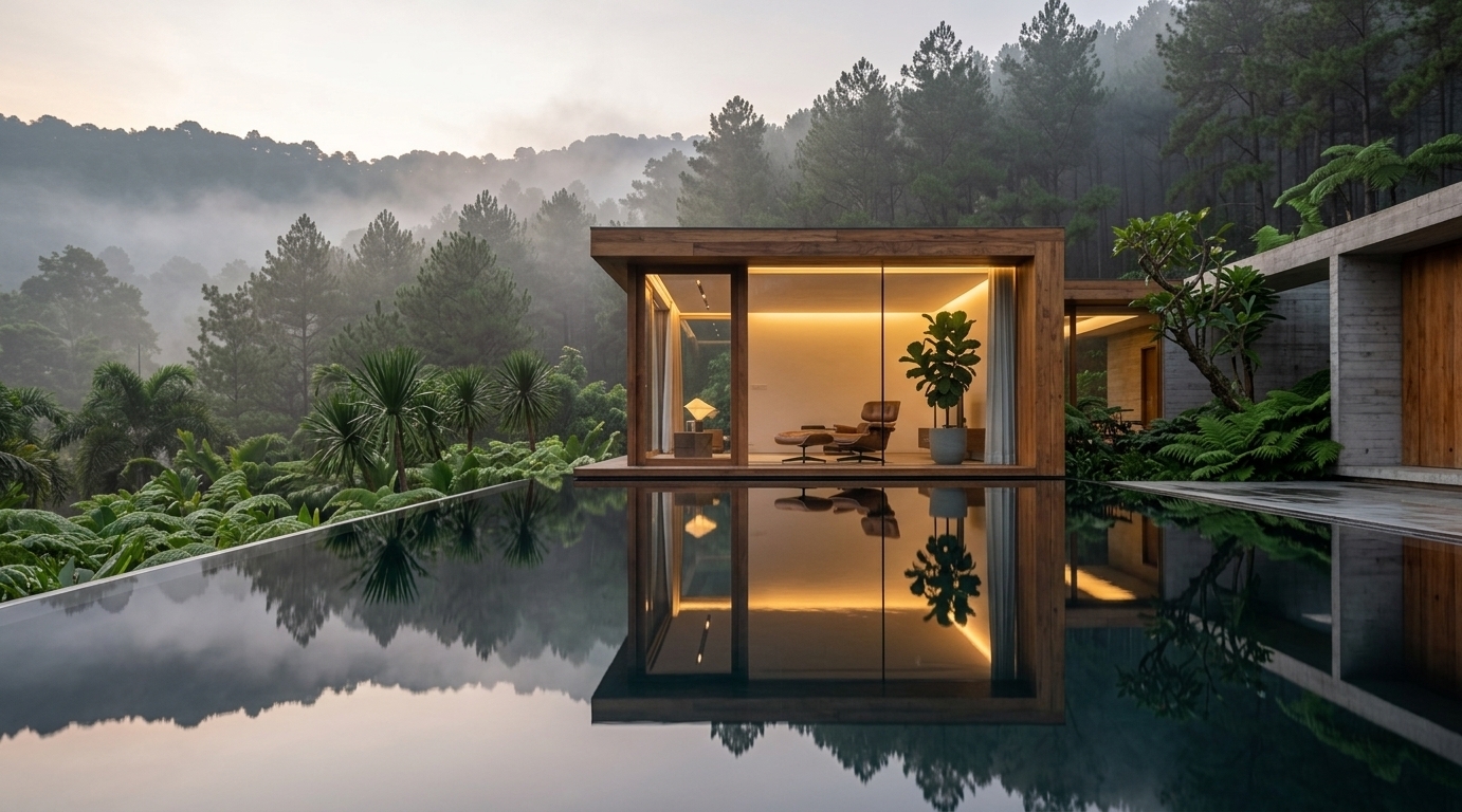 An incredibly lifelike, richly detailed, photorealistic wide-angle architectural shot of a minimalist glass pavilion and sleek outdoor pool area set in a misty mountain forest in early spring. The scene is illuminated by the soft, diffused glow of a gentle sunset blended with warm, concealed interior cove lighting, creating a serene, Zen-inspired, and deeply tranquil atmosphere. Captured with a professional medium-format camera and a sharp tilt-shift lens, emphasizing the mirror-like reflections on the dark infinity pool, the warm organic grain of the timber cladding, and the textured foliage of surrounding ferns and pine trees. 

The pavilion stands as a modern, uncluttered sanctuary, framed by clean-lined natural wood and floor-to-ceiling panoramic glass that blurs the boundary between interior and exterior. Inside, the functional, streamlined space features a timeless leather lounge chair with an ottoman, a sculptural indoor fiddle-leaf fig plant, and a warm, glowing light strip washing across the neutral backdrop. To the right, raw board-formed concrete structures anchor the building into the hillside, contrasted by dense, vibrant green ferns and tropical palms. The perfectly still infinity pool extends into the foreground, flawlessly reflecting the architecture, the glowing interior, and the ethereal layers of mist rising through the dense pine-covered ridges.