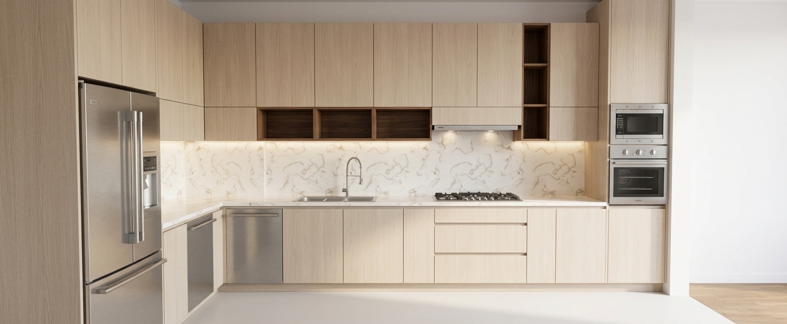 An incredibly lifelike, richly detailed, photorealistic eye-level architectural rendering of a modern Scandinavian sanctuary kitchen set in a bright, serene luxury residence. The scene is illuminated by soft, directional midday spring sunlight streaming gently across the space and balanced by warm, concealed under-cabinet linear LED lighting, creating a bright, refined, and inviting atmosphere. Captured with a 35mm architectural tilt-shift lens, emphasizing the subtle vertical grain of the pale bleached oak flat-panel cabinetry, the crisp shadow gaps, and the intricate, delicate grey and warm gold veining running across the polished Calacatta marble backsplash and countertops. The seamlessly integrated brushed stainless steel appliances—including the sleek French-door refrigerator, arched gooseneck faucet, modern recessed cooktop, and stacked built-in oven and microwave—catch realistic specular highlights, while warm walnut-lined open shelving units add depth, contrast, and understated luxury to the meticulously balanced composition.