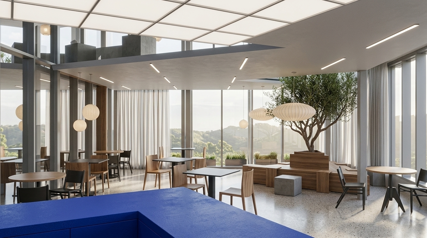An incredibly lifelike, richly detailed, photorealistic wide-angle interior shot of a contemporary minimalist coffee shop set in a serene, light-filled urban pavilion. The scene is illuminated by soft, diffused daylight pouring through expansive floor-to-ceiling glass windows paired with an overhead luminous ceiling grid, creating a tranquil, airy, and Zen-inspired atmosphere. Captured with a 24mm architectural wide-angle lens at eye level, emphasizing the textured finish of the bold cobalt blue service counter in the foreground, polished terrazzo flooring, and the delicate woven fabric of the pendant light fixtures. Modern, streamlined metal and timber chairs surround minimalist tables throughout the open layout, while a sculptural indoor olive tree rooted within tiered wooden bench seating serves as an organic, calming focal point beneath the dynamic geometric ceiling planes.