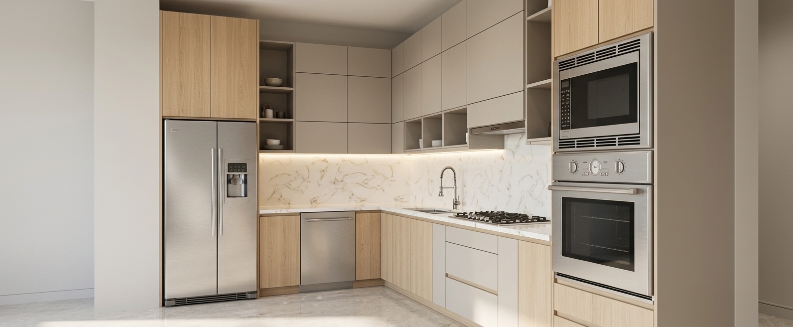 An incredibly lifelike, richly detailed, photorealistic wide-angle interior shot of a bespoke contemporary kitchen set in a serene Scandinavian sanctuary residence. The scene is illuminated by soft, radiant midday spring sunlight washing over the surfaces, perfectly balanced by warm, integrated under-cabinet LED strip lighting, creating an airy, luxurious, and peaceful atmosphere. Captured with a high-end 35mm architectural lens with flawless dynamic range, emphasizing the ultra-fine textures of light natural oak and silky matte greige cabinetry alongside the pristine polished Calacatta marble backsplash and countertops laced with delicate golden and charcoal veining. Premium brushed stainless steel appliances—including the seamlessly built-in double oven tower, gas cooktop, commercial-style pull-down faucet, and side-by-side refrigerator—cast crisp, soft-edge ambient shadows and catch realistic metallic specular highlights. Every detail, from the micro-bevelled edges of the flush panel doors to the gentle daylight reflections skimming the refined stone floor, underscores a harmonious balance of functional minimalism and high-end residential luxury.