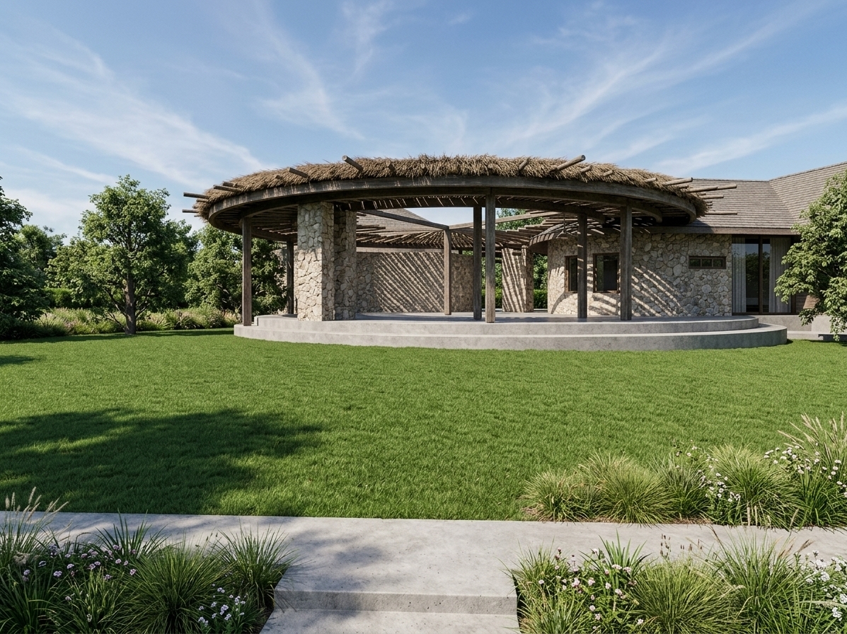 An incredibly lifelike, richly detailed, photorealistic wide-angle architectural shot of a contemporary pavilion set in a serene outdoor garden. The scene is illuminated by crisp, natural daylight casting rhythmic, linear shadows through the sweeping circular pergola, creating a tranquil, digital zen atmosphere. Captured with a high-end medium format camera and a wide tilt-shift lens, emphasizing the rich, organic texture of the natural thatched roofing enveloping the pitched volumes, the tactile rough-cut stone masonry walls, dark timber beams, and the polished concrete terrace set amidst a vast, velvety green lawn bordered by lush foliage under an expansive blue sky.