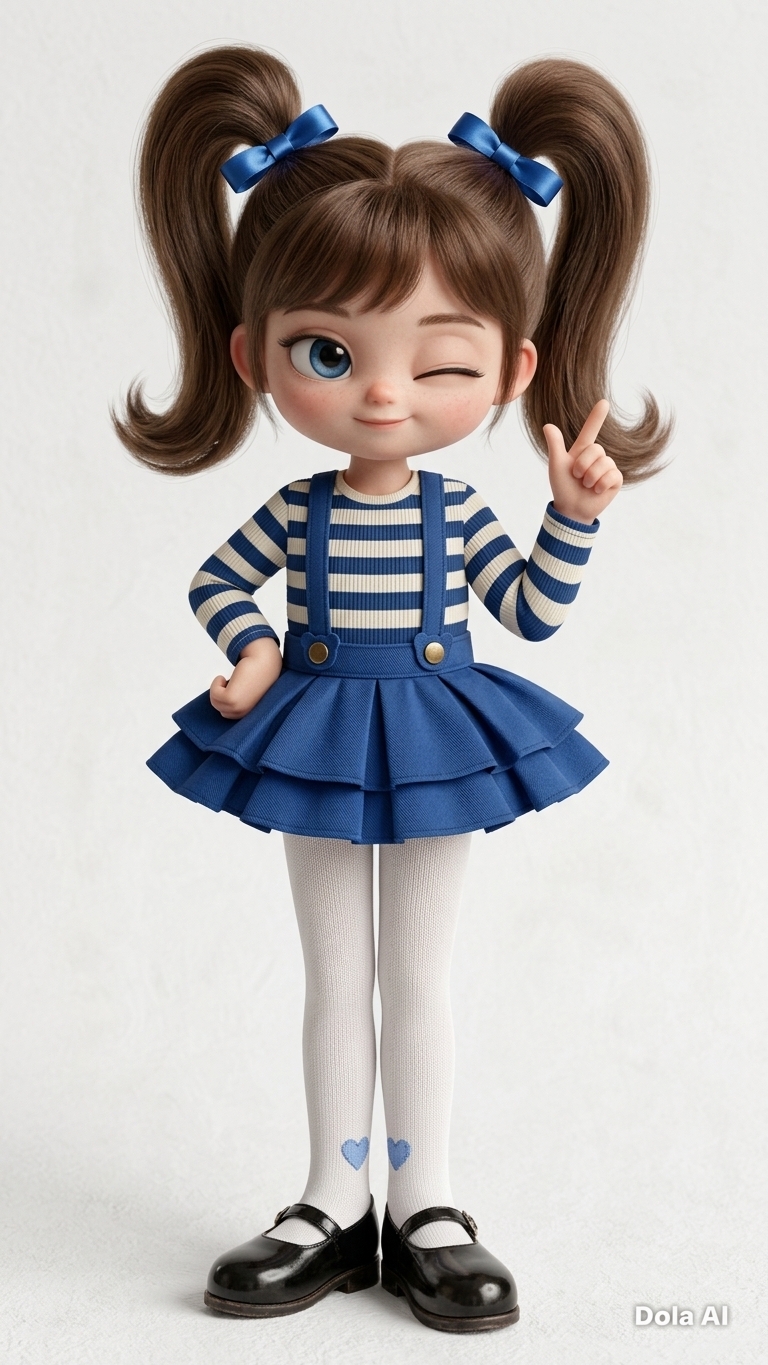 A full-body studio photograph replicating the exact composition, pose, and proportions of the subject against a seamless, bright white backdrop. The subject features natural, soft skin texture and finely detailed brown hair styled into high twin pigtails. Her outfit is rendered with tangible material physics, showcasing a textured cotton-knit blue-and-white striped shirt, a structured cobalt blue pleated twill suspender skirt, matte white knit tights with embroidered blue hearts, and glossy black patent-leather Mary Jane shoes. Diffused, high-key studio lighting softly illuminates the scene with balanced fill, creating delicate contact shadows beneath her feet, captured crisply on an 85mm portrait lens with neutral color grading and subtle depth of field.