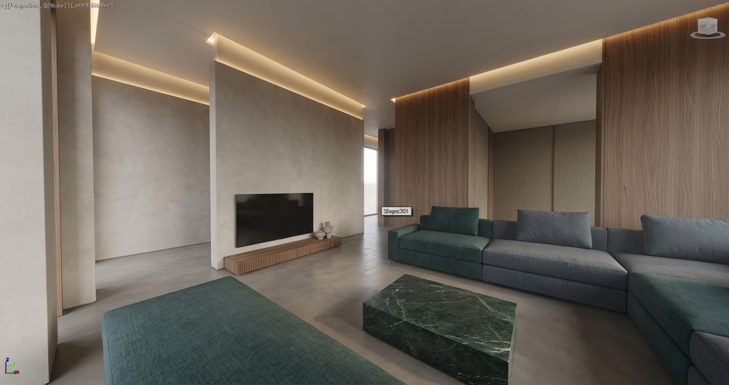 An incredibly lifelike, richly detailed, photorealistic wide-angle interior shot of a formal living room set in a tranquil digital zen residence. The scene is illuminated by soft, diffused daylight harmonized with concealed warm LED cove lighting along the perimeter, creating a calm, sophisticated, and meditative atmosphere. Captured with a 24mm tilt-shift architectural lens, emphasizing matte plaster walls, fine wood grains, and tailored textile finishes. 

Centering the space, a floating fluted walnut console supports minimal sculptural ceramics beneath a sleek wall-mounted OLED display. Opposite, structured modular sofas in deep teal linen and muted slate tones surround a low-profile honed forest-green marble coffee table. Smooth micro-cement flooring with gentle ambient reflections connects the balanced, uncluttered layout, embodying a refined blend of modern formal luxury and organic serenity.