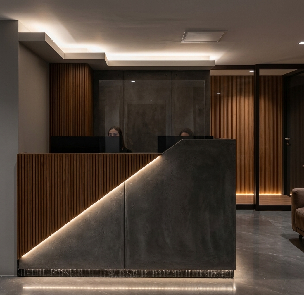 An incredibly lifelike, richly detailed, photorealistic interior eye-level shot of a sophisticated entryway reception space set in a luxurious contemporary interior. The scene is illuminated by soft overhead cove lighting and warm integrated LED strip backlights along the dramatic diagonal division, creating a moody, refined atmosphere of contemporary elegance. Captured with a 50mm architectural tilt-shift lens, emphasizing the tactile matte texture of dark exposed architectural concrete seamlessly paired with fine vertical fluted timber slats. The striking geometric counter anchors the space with modern precision, casting gentle glow lines across the polished floor against sleek, warm-toned wood backdrop partitions.