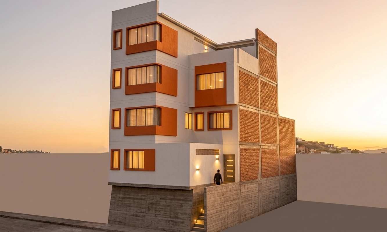 An incredibly lifelike, richly detailed, photorealistic low-angle architectural shot of a striking multi-story contemporary townhouse set in a charming urban hillside setting. The scene is illuminated by the warm, amber glow of a setting sun harmonized with soft, glowing exterior LED wall sconces and recessed step lights, creating an inviting and peaceful atmosphere. Captured with a professional 24mm tilt-shift architectural lens, emphasizing the tactile, board-formed concrete texture of the angled retaining base, the rough terracotta brickwork along the side elevation, and the crisp matte white facade punctuated by vibrant orange geometric window surrounds. Delicate, semi-translucent sheer curtains softly drape behind large glass panes with interior warmth spilling outward, while a solitary figure ascends the entryway steps illuminated by linear wall fixtures, seamlessly completing this sophisticated minimalist urban haven.