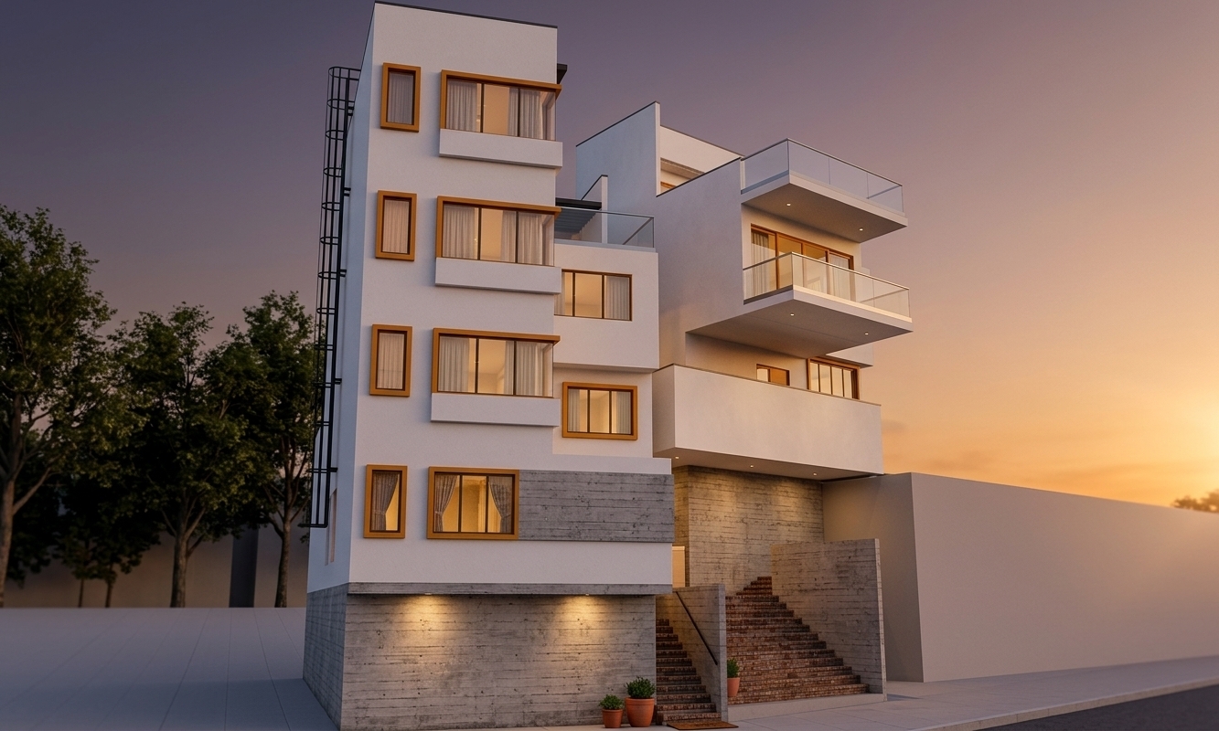 An incredibly lifelike, richly detailed, photorealistic low-angle architectural shot of a sleek, multi-tiered contemporary townhouse set in a quiet urban neighborhood featuring an inviting outdoor patio entrance. The scene is illuminated by the soft golden hues of a setting sun blended with warm, integrated exterior LED wall-grazing fixtures, creating a tranquil, sophisticated, and ambient atmosphere. Captured with a high-resolution 24mm architectural tilt-shift lens, emphasizing the tactile, textured surface of the board-formed concrete retaining wall at the base, contrasting with pristine white stucco and bold ochre-orange cantilevered window casings. Behind the clear, anti-reflective glass panes, elegant semi-sheer linen curtains hang gracefully, catching the subtle glow from within, while the stepped brickwork and clean access stairway complete this refined, minimalist haven at dusk.