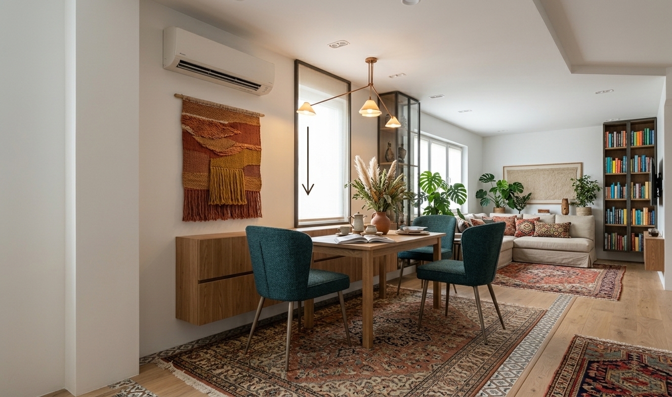 An incredibly lifelike, richly detailed, photorealistic wide-angle interior shot of a vibrant dining room and adjoining lounge designed as a bohemian oasis set in a sun-drenched modern apartment. The scene is illuminated by gentle ambient daylight mingling with the warm, diffused glow of an eclectic multi-arm pendant chandelier and soft recessed downlights, creating a cozy, free-spirited, and welcoming atmosphere. Captured with a 24mm architectural wide-angle lens, emphasizing tactile woven textiles, natural timber grains, and handcrafted artisanal details, the dining zone features an earthy wooden dining table paired with deep teal textured upholstered chairs, centered on light oak flooring softened by richly layered vintage-patterned rugs. The table is thoughtfully styled with open photography books, artisanal ceramic tableware, and an earthenware vase brimming with dried pampas grass and botanical foliage. Along the perimeter, a minimalist floating credenza rests below a large framed woven tapestry wall art rich in shades of warm rust, terracotta, and mustard, while a tall glass-front display cabinet and a far bookcase brim with globally-inspired curios, vintage collectibles, and vibrant book spines. In the background, an inviting L-shaped sofa dressed with eclectic throw cushions and surrounding lush potted plants completes this layered, textured haven of bohemian design.