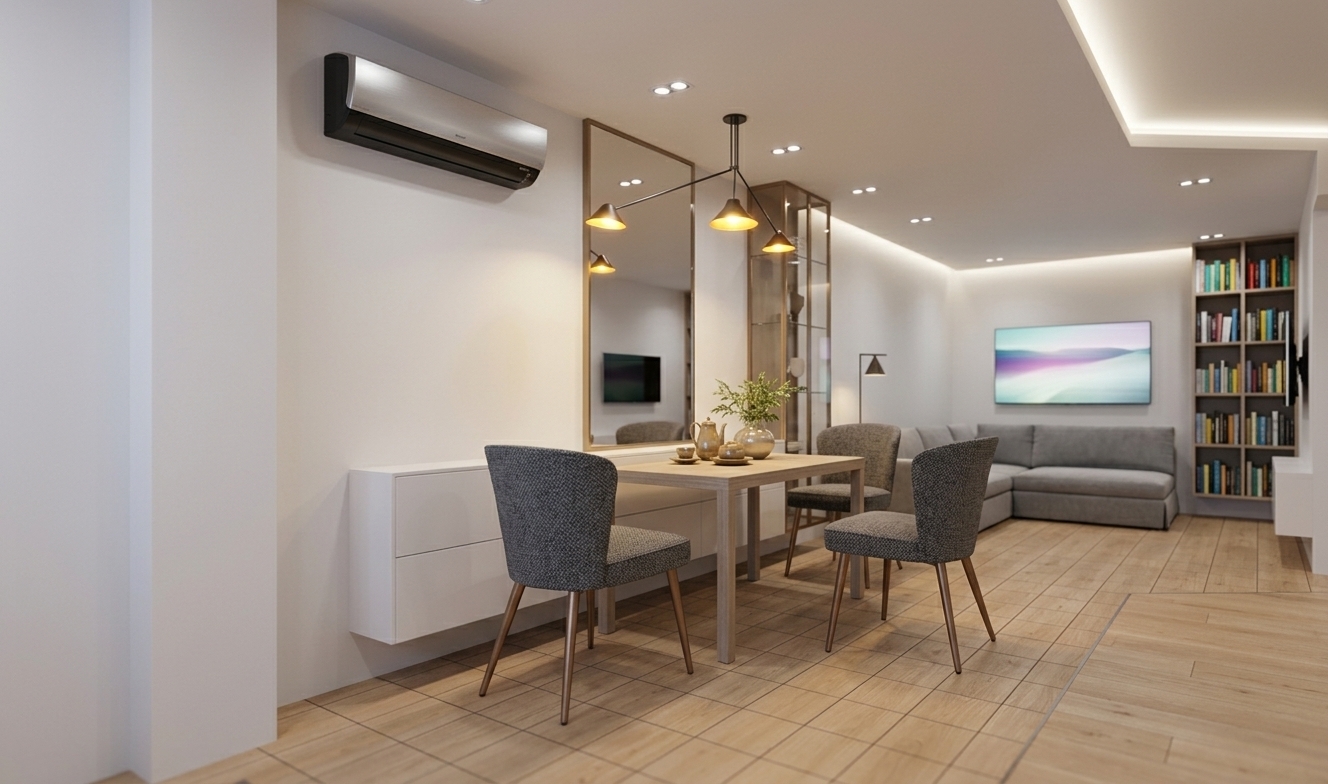 An incredibly lifelike, richly detailed, photorealistic wide-angle interior shot of a minimalist dining and lounge space set in a high-tech modern residence. The scene is illuminated by soft, recessed ceiling fixtures, diffuse architectural cove lighting, and the warm downward glow of a sleek multi-arm pendant chandelier, creating a tranquil, digital zen atmosphere with subtle futuristic undertones. Captured with a full-frame professional camera and a 24mm tilt-shift lens, emphasizing the tactile weave of the charcoal upholstery, the satin finish of the seamless white cabinetry, and the smooth grain of the light oak hardwood flooring. In the center, a streamlined minimalist dining table is complemented by ergonomic, textured fabric chairs and decorated with a glossy ceramic tea set and a delicate indoor botanical arrangement. Along the left wall, a seamless floating storage console sits below a high-efficiency smart climate unit and an expansive, reflective glass panel, while a tall, bronze-framed glass display vitrine elegantly transitions the space into the living area. The background features a low-profile gray sectional sofa, an illuminated digital landscape wall art screen, and a modern built-in bookcase filled with colorful curated photography volumes, flawlessly merging cyber-zen aesthetics with pristine, clutter-free luxury.