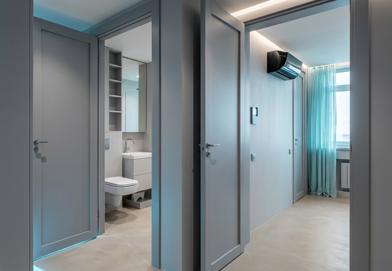 An incredibly lifelike, richly detailed, photorealistic wide-angle interior shot of a modern residential hallway transition set in a high-tech, digital-zen urban residence. The scene is illuminated by subtle recessed ambient cove lighting coupled with soft neon ice-blue edge-glow accents and diffused natural light spilling through sheer drapery, creating a tranquil, futuristic atmosphere. Captured with a 24mm tilt-shift lens on a full-frame sensor, emphasizing the seamless matte surfaces, crisp architectural lines, and ultra-clean geometric finishes. Framing the perspective, two open minimalist doors clad in cool gray with refined trims invite the eye into adjacent spaces: to the left, a sleek, uncluttered bathroom reveals a floating wall-hung toilet, an integrated matte-white vanity with a streamlined chrome faucet, and recessed vertical shelving; to the right, an airy, serene room showcases a glossy black high-tech climate unit mounted seamlessly on the wall, floor-to-ceiling flowing cyan-tinted sheer curtains diffusing daylight by the window, and pristine, continuous beige-gray micro-cement flooring that ties the entire modern, Zen-inspired composition together.