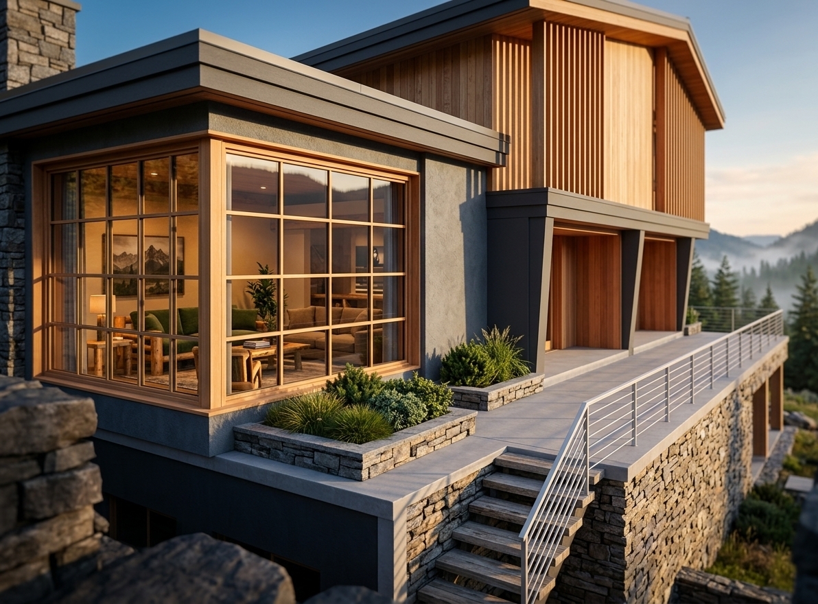 An incredibly lifelike, richly detailed, photorealistic elevated exterior architectural rendering of a contemporary cabin-inspired mountain escape set in a secluded alpine landscape. The scene is illuminated by the soft, warm golden glow of late afternoon sunlight complemented by amber interior lighting, creating a cozy, rugged, and inviting atmosphere. Captured with a professional tilt-shift architectural lens, emphasizing the rich tactile textures of natural wood, slate gray finishes, and rugged stone cladding.

The multi-level residence features a striking modern geometric profile that seamlessly merges sleek contemporary architecture with alpine warmth. The facade is defined by charcoal-gray composite frames and deeply recessed alcoves trimmed in warm, natural timber. Elegant vertical wooden slats accent the upper facade, casting dynamic linear shadows across the crisp walls. Generous grid-paned casement windows with natural cedar trims open up the facade, offering crystal-clear views into the home's atmospheric interior spaces.

Through the expansive glazing, comfortable, cabin-inspired interiors are warmly illuminated: sturdy handcrafted log and timber furniture, plush upholstery in shades of deep forest green, warm taupes, and earthy browns, elegant mountain range wall art, and open living spaces styled with indoor greenery and thick photography books resting on reclaimed wood tables. 

An expansive, clean-lined concrete terrace extends along the side of the structure, accented by neatly arranged low-profile stone planter boxes filled with lush alpine shrubs and ornamental mountain grasses. A small exterior staircase with clean steel railings leads downward along a foundation wall finished in rustic, rugged stacked fieldstone. The dynamic three-dimensional interplay of cantilevered upper volumes, flat rooflines, and layered natural textures firmly anchors this modern retreat into its serene mountainous setting.