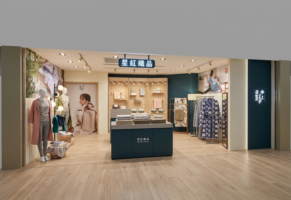 The photo captures a vibrant, contemporary clothing store interior, characterized by its clean architectural lines and a refreshing color palette of deep teal, crisp white, and warm light beige, evoking the serene calm of a coastal breeze. The floor features smooth, light-toned wooden planks that lead the eye through the thoughtfully arranged retail space. To the left, a dynamic display of mannequins showcases soft peach outerwear, muted green tops, and coordinating loungewear, positioned alongside woven baskets filled with complementary textiles. Further into the store, illuminated by focused track lighting, two tall pegboard displays made of light wood offer an organized presentation of folded towels and smaller items, while a sleek central display unit, crafted from white and teal, presents neatly stacked garments. On the right, metal racks elegantly display an assortment of patterned robes and comfortable sleepwear, reinforcing the clothing store's emphasis on relaxation and quality textiles. Large photographic posters adorn the walls, featuring models in soft, everyday wear, enhancing the inviting atmosphere. The entire space is brightly lit by recessed ceiling fixtures, creating a welcoming and visually appealing environment that speaks to a modern, comfortable lifestyle.