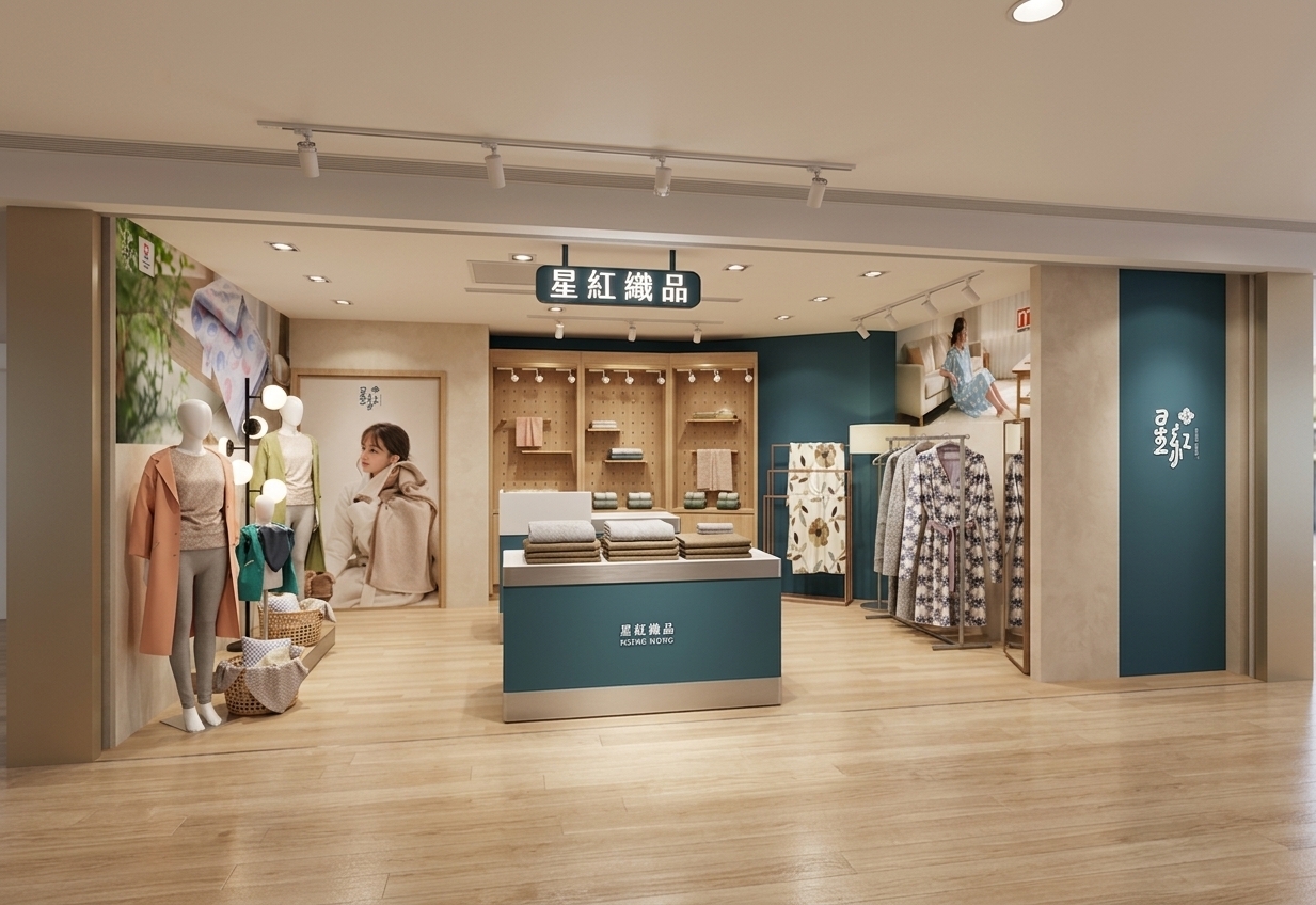 The photo reveals a meticulously designed clothing store, a true minimalist haven bathed in soft, inviting light. The architectural style is distinctly modern and clean, characterized by smooth, matte surfaces in a sophisticated palette of deep teal-blue, crisp white, and warm, light wood tones. Recessed ceiling lights and focused track lighting illuminate the displays, creating subtle highlights and ensuring every garment is presented clearly. The flooring consists of light-toned wood planks, adding a natural, welcoming texture underfoot. Strategically placed blonde wood pegboard walls serve as adaptable display backdrops, showcasing neatly folded towels and small accessories, while large lifestyle photographs are seamlessly integrated into the wall design, depicting models in comfortable loungewear and robes, enhancing the aspirational quality of the products. Mannequins in the foreground wear coordinating outfits in muted pastels like peach and sage green, complemented by woven baskets overflowing with patterned fabrics, adding a touch of cozy domesticity. A central white display counter with folded stacks of apparel acts as a focal point, further defining the open-plan layout. The entire space exudes a serene and uncluttered atmosphere, where the focus is firmly on the comfort and quality of the textiles, presenting a refined shopping experience that feels like stepping into a peaceful sanctuary dedicated to stylish relaxation.