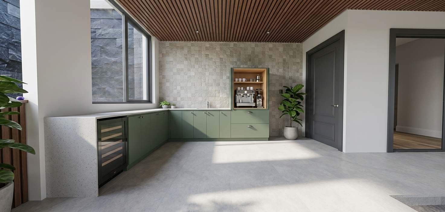 A crisp architectural photograph of an outdoor terrace bar and coffee station, captured with a wide-angle lens in soft, bright daylight. The scene retains the exact composition, showcasing matte sage-green cabinetry paired with a solid light stone countertop, a built-in wine cooler, and a recessed wooden nook holding a stainless steel espresso machine. Warm linear wood slats cover the ceiling, complemented by subtle recessed downlights and a light-toned textured tile accent wall. Natural materials are highlighted through matte large-format stone flooring, realistic glass reflections, lush potted plant foliage, and crisp dark trim finishes, all balanced with soft ambient shadows and lifelike photographic depth.