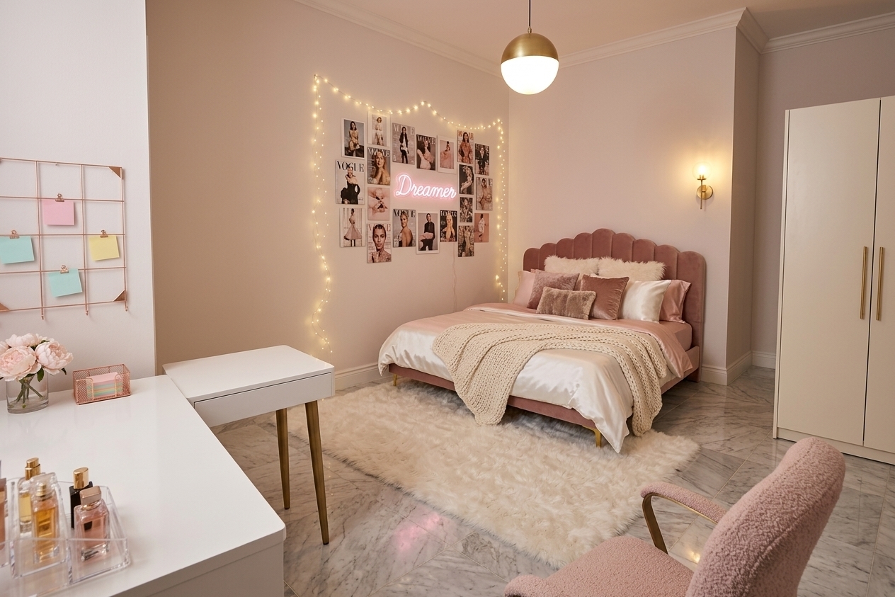 An incredibly lifelike, richly detailed, photorealistic wide-angle interior photograph of a reimagined feminine glam bedroom set within a chic urban apartment. The scene is illuminated by layered warm golden ambient lighting, delicate micro-fairy lights, and soft-glow designer brass sconces, creating a dreamy, cozy, and ultra-glamorous evening atmosphere. Captured with a full-frame mirrorless camera and a 24mm f/2.8 lens, emphasizing rich tactile textures—from glossy satin bedding to plush bouclé, brushed champagne brass, and polished grey-veined marble flooring.

### Spatial Layout & Architectural Preservation
The room maintains its authentic physical architecture: the exact perimeter walls, ceiling trim, door threshold clearances, switchboard locations, and polished marble floor tiling are faithfully preserved. By strategically rearranging movable furniture, the space is opened up for optimal circulation and functional zoning:
* **The Sleep Sanctuary:** Centered gracefully along the main accent wall sits a full-sized plush double bed featuring an Art Deco-inspired scalloped headboard upholstered in dusty rose velvet. The bed is dressed in lustrous pearl-white and blush pink satin sheets, layered with a heavyweight cream knit throw and an assortment of textured velvet and faux-fur accent pillows.
* **Functional Study & Inspiration Zone:** Positioned neatly along the adjacent wall is a streamlined white lacquer study desk accented with brushed brass tapered legs. Above the desk hangs a rose-gold wire grid organizer displaying neatly pinned study timetables, formula cue-cards, pastel sticky notes, and aesthetic editorial mini-prints, balanced by an ergonomic blush velvet swivel task chair.
* **Storage & Circulation:** The utilitarian wardrobe is reimagined with a sleek, minimalist soft-cream finish complemented by slender brass vertical handles, situated to maintain wide, unhindered walkways toward the doorway and study zone.
* **Floor Anchoring:** A large, ultra-soft off-white faux-fur area rug rests partially under the double bed, introducing tactile warmth and acoustic dampening while showcasing the natural marble floor along the pathways.

### Aesthetic Palette & Materiality
* **Color Scheme:** A sophisticated blend of blush pink, soft millennial rose, champagne ivory, warm cream, and subtle hints of matte black and polished brass.
* **Wall Accents & Editorial Collage:** Above the bedside and along the study perimeter, curated editorial fashion prints, glossy magazine covers, and soft pink neon script lighting ("Dreamer") create a personalized, high-fashion Victoria's Secret runway boutique feel without visually overwhelming the room.
* **Vanity & Decor Touches:** The side surfaces host acrylic organizers for luxury perfume bottles, ribbed glass candle holders, a miniature vase of fresh pale pink peonies, and soft aesthetic room mist diffusers.

### Lighting & Atmosphere
The harsh single overhead source is replaced by an ambient brushed-brass globe wall sconce that casts a warm, flattering wash across the soft-tinted walls. Cascades of micro-LED fairy lights frame the photo collage wall, casting soft bokeh reflections across polished surfaces. The overall composition balances Gen-Z glamour with functional study-space utility, delivering a spacious, luxurious, and deeply comforting private retreat.