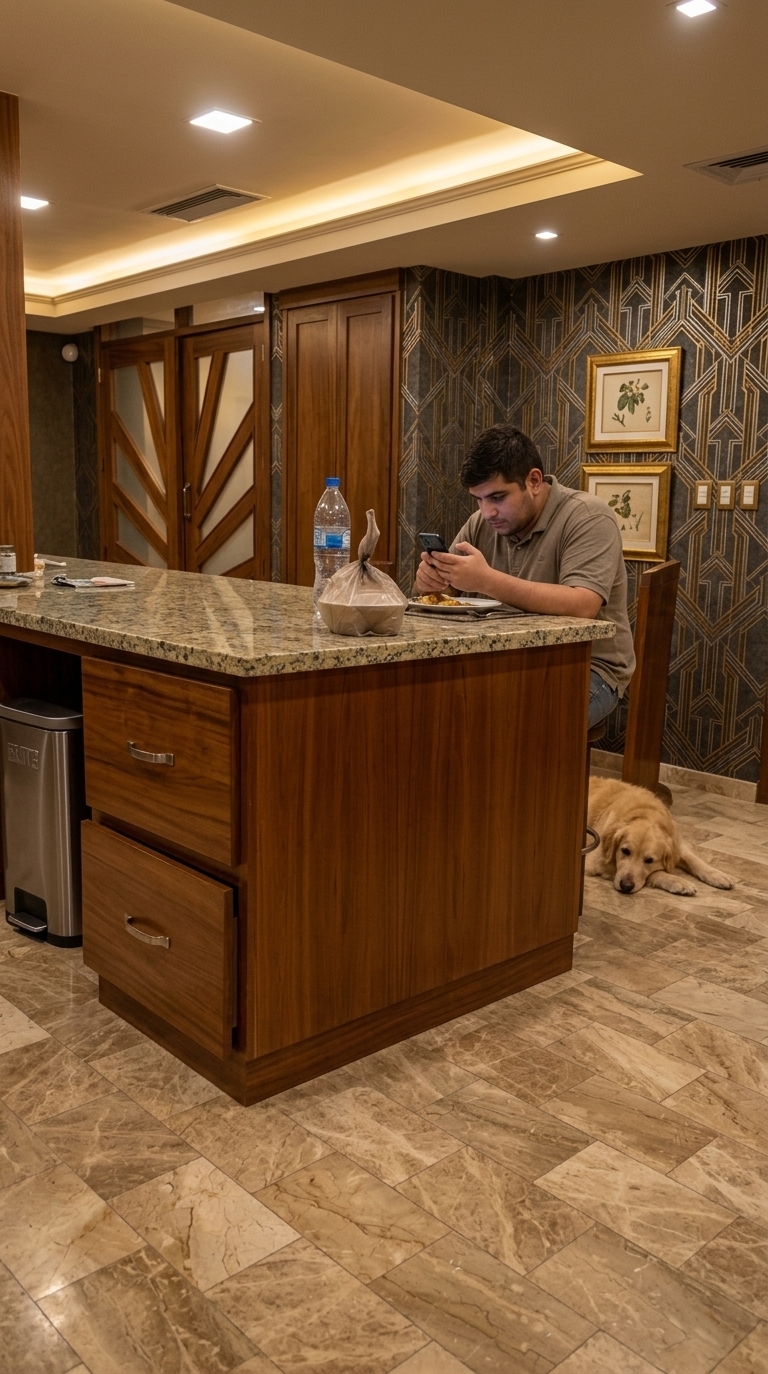 An incredibly lifelike, richly detailed, photorealistic eye-level interior photo of a kitchen and dining counter set in an upscale, Art Deco glamour-inspired residence. The scene is illuminated by ambient, warm-toned architectural cove backlighting recessed into the ceiling drop, paired with soft downlights, creating a sophisticated and lavish evening atmosphere. Captured with a professional 35mm lens, emphasizing the intricate metallic textures of the luxury geometric Art Deco wallpaper lining the rear wall, the rich polished brown wood grain of the kitchen island, and the natural veining of the marble tile flooring. The existing rich wood cabinetry and speckled granite island countertop remain seamlessly integrated, offering an elevated, cohesive blend of modern comfort, high-end wallpaper finishes, and soft indirect ceiling illumination.