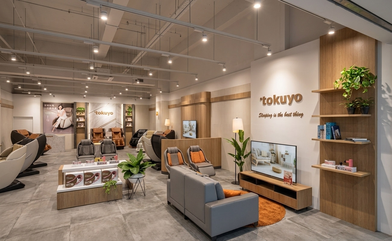 The photo unveils a meticulously designed, contemporary exhibition space, exuding an air of sophisticated contemporary elegance through its clean lines and harmonious material palette. The expansive interior features a dynamic open-plan layout, with various zones dedicated to showcasing high-end wellness products, primarily luxurious massage chairs from the "Tokuyo" brand. The primary materials include smooth, light natural wood paneling and shelving, which beautifully complement the pristine white and light grey walls, creating a serene and inviting backdrop. The flooring, a rich dark grey with subtle variations, anchors the space, while overhead, a comprehensive system of white track lighting provides bright, even illumination, strategically highlighting product displays and creating a vibrant, inviting atmosphere. Accent lighting from stylish floor lamps adds a touch of warmth and intimacy to lounge areas.

The composition guides the viewer through different interactive displays, with an array of massage chairs in sleek designs and varied upholstery colors—from muted greys to vibrant orange accents—positioned for experiential engagement. Large-format graphics featuring lifestyle imagery and brand messaging are seamlessly integrated into the wall design, one particularly prominent showing a woman in repose, underscoring the brand's focus on comfort and well-being. A central seating arrangement with a light grey sofa and a striking circular orange rug defines a comfortable lounge area, enhanced by a modern media console and a large flat-screen display. Throughout the space, potted green plants introduce organic textures and a refreshing touch of nature, softening the architectural precision. The overall impression is one of a polished, functional, and inviting retail or showroom environment, designed for discerning clients to explore and experience the products in a refined setting.