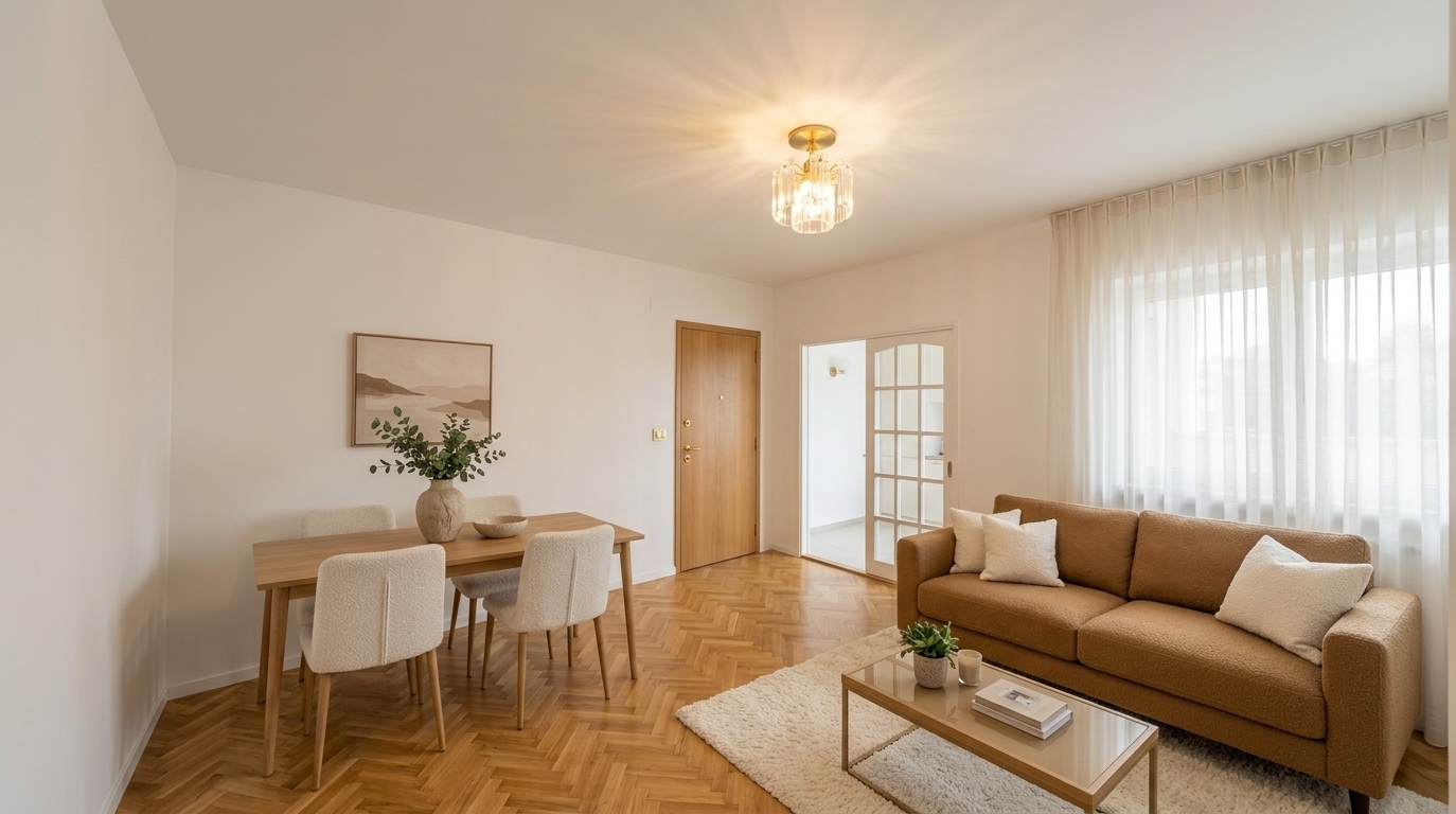 An incredibly lifelike, richly detailed, photorealistic wide-angle interior shot of a restyled modern open-plan living and dining room set in an elegant urban apartment. The scene is illuminated by soft, diffused daylight filtering through sheer modern drapery and the warm, ambient glow of a contemporary brushed brass ceiling fixture, creating a serene, warm, and sophisticated atmosphere. Captured with a full-frame camera and a 24mm architectural lens, emphasizing tactile bouclé textiles, luminous honey-toned herringbone parquet, and smooth alabaster wall finishes. 

Maintaining the room's original architecture, perspective, and classic herringbone flooring, the space is transformed through refined textures and a cohesive, warm neutral palette. In the lounge, a modern curved sofa with soft, rounded contours is upholstered in a rich bison-camel bouclé and adorned with contrasting bone-white bouclé accent cushions. Underneath, a thick, ultra-plush wool rug in an off-white hue anchors the seating area, perfectly complemented by floor-to-ceiling tailored off-white drapes that cascade with clean, minimal pleats over the wide window. In the dining area, a streamlined light-wood dining table is paired with contemporary dining chairs fully upholstered in matching bone bouclé with slim wooden legs. The multi-pane kitchen door is freshly repainted in the same alabaster white as the surrounding walls to create a sleek, seamless backdrop, accentuated by a minimalist warm-neutral framed art piece and an organic ceramic vase with lush greenery. Overhead, an elegant modern brass light fixture casts a warm, welcoming halo, establishing an effortlessly elevated, minimalist haven.