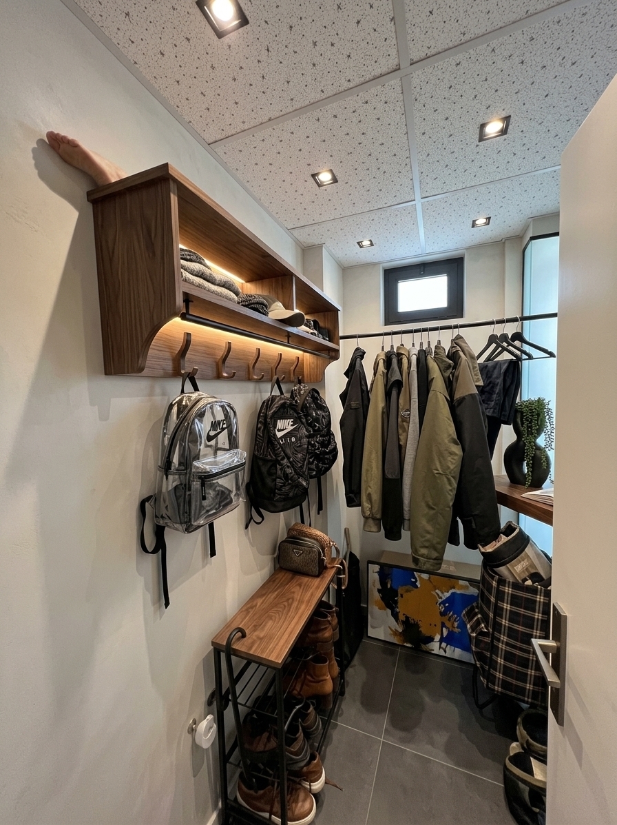 An incredibly lifelike, richly detailed, photorealistic wide-angle interior shot of a reimagined luxury walk-in closet set in a contemporary urban loft. The scene is illuminated by recessed geometric ceiling spotlights and integrated warm LED backlighting beneath floating shelves, complemented by soft ambient daylight filtering through a sleek frosted window, creating an upscale, dynamic, and inviting atmosphere. Captured with a full-frame camera and an ultra-wide 24mm f/2.8 lens, emphasizing the seamless textures of matte black powder-coated steel, rich dark walnut wood paneling, and smooth off-white micro-cement walls. 

Transforming the compact space into a masterclass of modern fusion design, the layout features custom modular floor-to-ceiling wardrobe fittings with minimalist hanging rods, sleek open cubbies, and concealed soft-close drawers. On a floating walnut ledge sits an open hardcover fashion photography book beside a sculptural black ceramic vase holding lush, trailing greenery. A striking piece of bold abstract wall art injects vibrant splashes of ochre and electric blue against the monochrome palette, perfectly balancing industrial edge with high-end contemporary elegance.