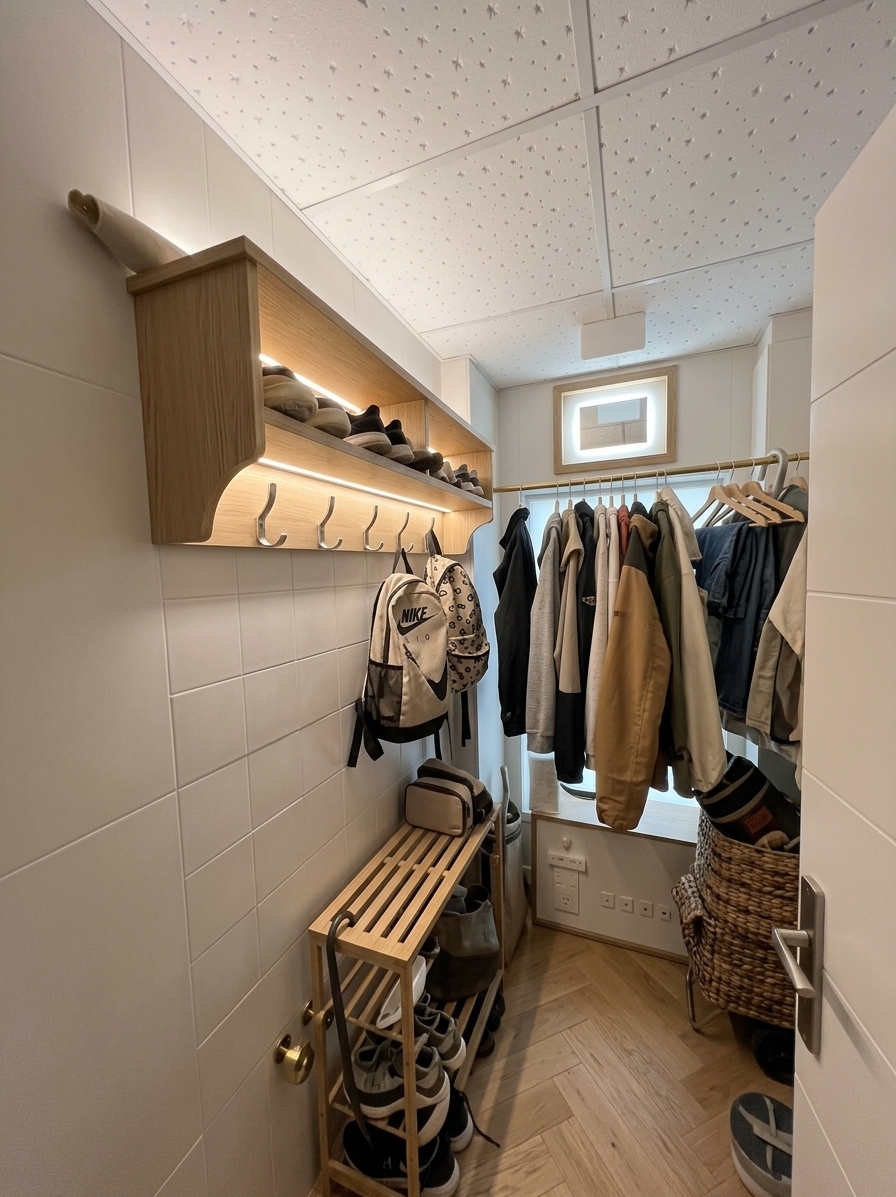 An incredibly lifelike, richly detailed, photorealistic wide-angle interior shot of a bespoke Scandinavian walk-in closet sanctuary set in a modern minimalist home. The scene is illuminated by soft, concealed warm 3000K LED strip lighting integrated beneath floating shelves and gentle daylight filtering through a frosted high window, creating an airy, peaceful, and organized atmosphere. Captured with a full-frame camera and a 24mm wide lens, emphasizing smooth matte white paneling, light natural oak grain, brushed brass hanging rods, and textural woven storage baskets. 

Maximizing the compact footprint with smart IKEA-inspired modular efficiency, the space features tailored floor-to-ceiling cabinetry with smart pull-out accessory drawers, integrated velvet-lined trays, and angled illuminated shoe display shelves below. Clean double-tier clothing rails hold curated garments on uniform blonde-wood hangers, while upper compartments house labeled minimalist storage boxes. A slim full-length LED-backlit mirror visually expands the narrow corridor, and warm pale oak herringbone flooring replaces the cold tiles, effortlessly turning the space into a clutter-free, functional, and serene Scandinavian dressing nook.