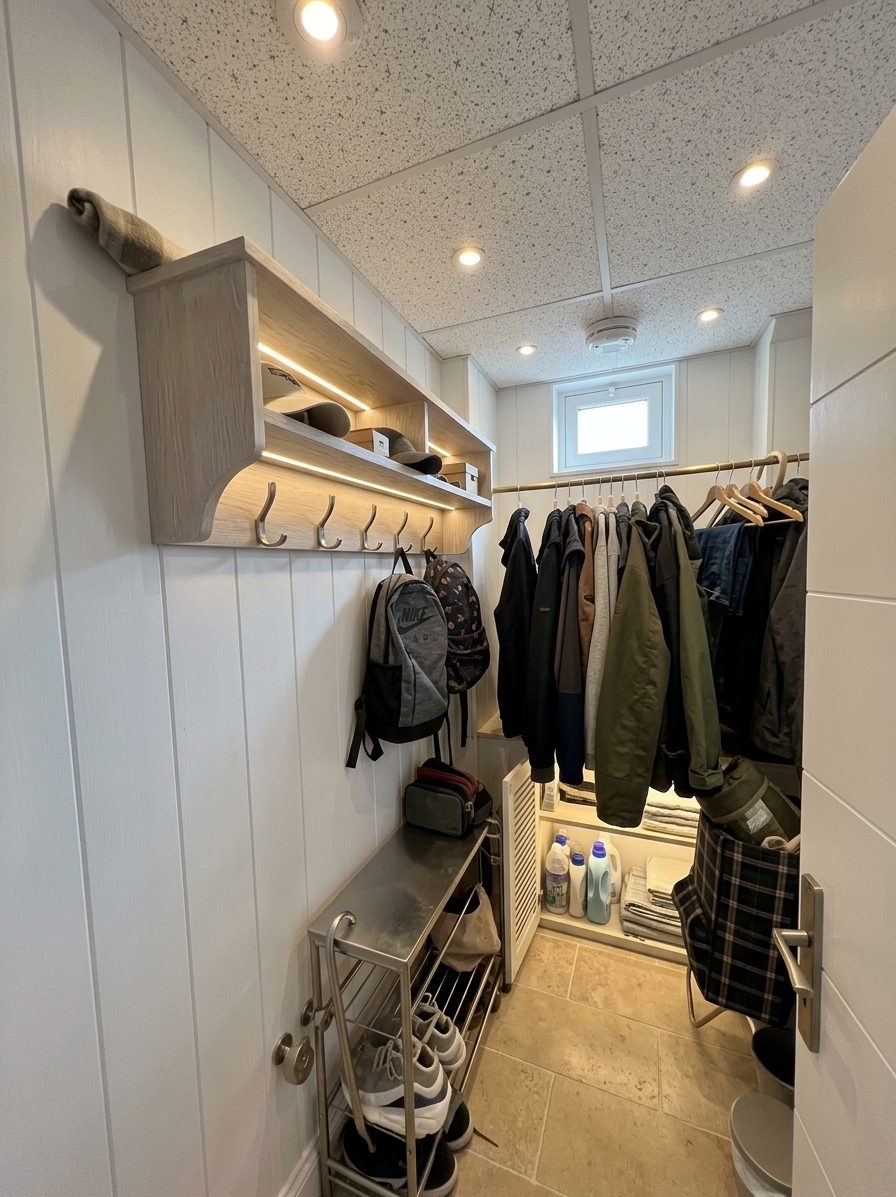An incredibly lifelike, richly detailed, photorealistic wide-angle interior shot of a custom walk-in closet and dressing area set in a breezy coastal residence. The scene is illuminated by soft, natural morning sunlight filtering through an upgraded frosted casement window combined with warm, integrated 3000K LED strip lighting along each shelf, creating a bright, serene, and refreshing atmosphere. Captured with a full-frame camera and a 24mm f/2.8 wide-angle lens, emphasizing the light texture of whitewashed oak, woven wicker accents, satin nickel hardware, and smooth matte cabinetry. 

The reimagined space transforms the narrow footprint into a masterclass of functional coastal elegance: one wall features an expansive vertical tower of illuminated, angled shoe display shelves above a seamless bank of soft-close pull-out drawers for accessories. Adjacent is a concealed, louvered utility cabinet dedicated to neatly organized household essentials and laundry supplies, complete with adjustable shelving and safety locks. Crisp white vertical shiplap lines the walls, complemented by sand-toned large-format limestone floor tiles and a minimalist brass hanging rail for freshly pressed linen garments, delivering a balanced, ultra-organized, and spacious aesthetic.
