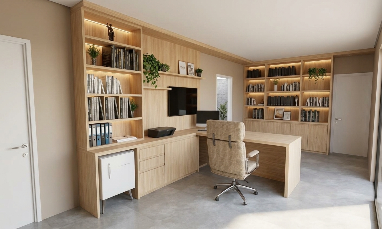 A bright, wide-angle architectural photograph of the modern office interior, faithfully preserving the exact layout, geometry, and camera perspective. The custom cabinetry, wall units, and L-shaped desk are rendered in natural, raw light wood with realistic matte grain. Built-in warm LED strip lighting under each bookshelf shelf softly illuminates the organized books, small plants, and decor against the light frappe-beige backing panels. Ample natural daylight fills the room, casting gentle, accurate shadows across the smooth, pale floor and rendering realistic surface reflections on the monitor, TV, desk, and office chair materials.