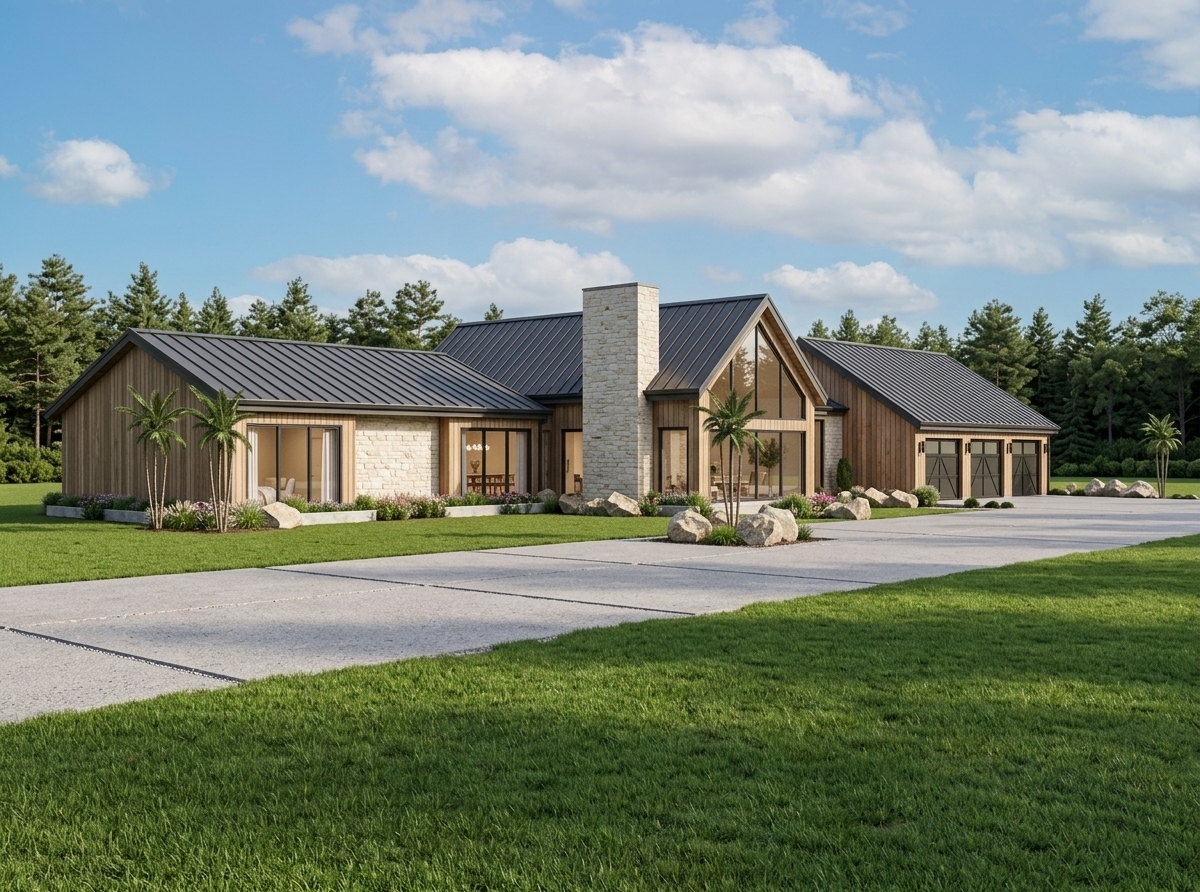 An incredibly lifelike, richly detailed, photorealistic wide-angle exterior shot of a modern Scandinavian-inspired sanctuary set in an expansive, sun-drenched meadow framed by a dense evergreen forest. The scene is illuminated by crisp, natural daylight filtering through scattered cumulus clouds, creating a bright, serene, and tranquil atmosphere. Captured with a professional architectural tilt-shift lens, emphasizing the tactile interplay between the charcoal standing-seam metal gable roofs, rough-hewn cream stone masonry, and smooth vertical timber siding. 

The sprawling single-level residence seamlessly combines minimalist elegance and organic warmth, featuring expansive floor-to-ceiling glass windows and sliding patio doors that reveal subtle, hygge-inspired interior tones. In the foreground, a smooth textured concrete driveway and a lush, vibrant green lawn are accented by curated natural boulder groupings, delicate ornamental palms, and tidy flowerbeds, presenting an idyllic harmony between refined contemporary architecture and peaceful woodland nature.