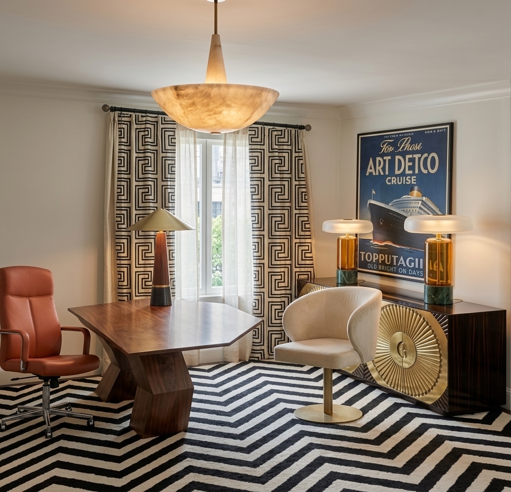 An incredibly lifelike, richly detailed, photorealistic eye-level interior shot of a sophisticated modern fusion home office set in an upscale urban residence. The scene is illuminated by soft midday spring light filtering through sheer curtains paired with the warm, atmospheric glow from stylish alabaster and amber accent lamps, creating a dynamic, focused, and elegant atmosphere. Captured with a professional 35mm architectural lens, emphasizing rich geometric woodwork, tactile upholstery, and sleek metallic surfaces. 

At the center, a sculptural, faceted dark-wood executive desk with bold angular lines is paired with an ergonomic terracotta leather task chair and an orange cone table lamp. Adjacent, a cream velvet swivel armchair rests near a lustrous metallic credenza with sunburst radial carvings, topped with twin green-marble and amber glass lamps flanking a framed vintage Art Deco maritime poster. Grounding the bold composition is a plush black-and-white chevron textured rug, while floor-to-ceiling geometric Greek key drapery and a luminous translucent stone pendant fixture overhead complete this clean, contemporary, and design-forward workspace.