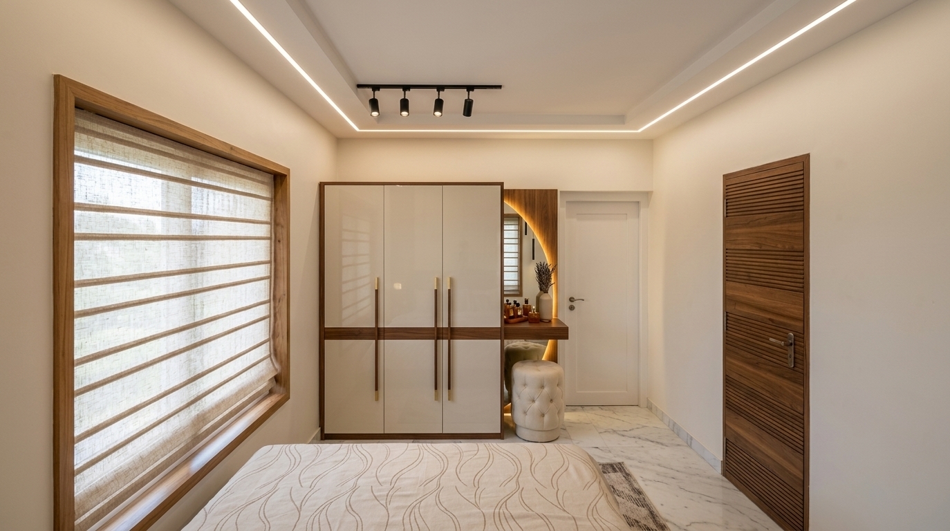 An incredibly lifelike, richly detailed, photorealistic wide-angle interior shot of a mid-century modern bedroom set in an elegant contemporary apartment. The scene is illuminated by recessed linear ceiling cove lights, a sleek black track lighting system, and the warm ambient glow of an arched backlit vanity mirror, creating a cozy, serene, and sophisticated atmosphere. Captured with a professional full-frame camera and a 24mm architectural lens, emphasizing the rich walnut and teak wood grain, clean geometric lines, and polished marble flooring with subtle veining. 

The composition highlights a seamless blend of retro and functional design, featuring a bespoke floor-to-ceiling wardrobe with glossy off-white panels framed in warm walnut, seamlessly merging into a dedicated dressing nook complete with a vanity desk, backlit mirror, and a plush cream tufted cylindrical ottoman. To the left, a large timber-framed window fitted with horizontal Roman blinds diffuses soft ambient daylight across the neutral bedding in the foreground. A distinct slatted walnut door on the right adds organic texture, while the uncluttered surfaces, carefully curated mid-century decor accents, and subtle palette of warm earth tones, soft creams, and muted blues complete this timeless, comfortable sanctuary.