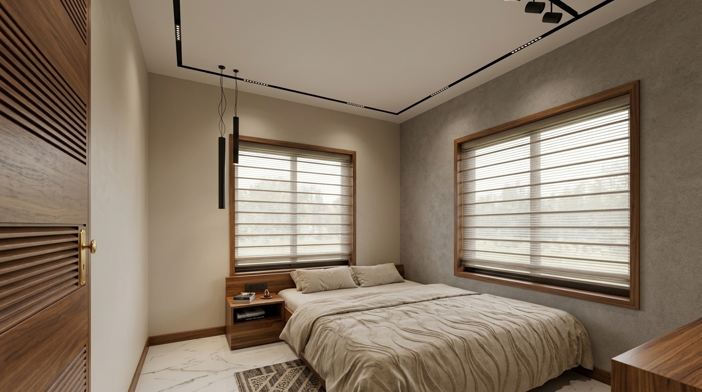 An incredibly lifelike, richly detailed, photorealistic wide-angle interior shot of a mid-century modern bedroom set in a contemporary home. The scene is illuminated by sleek, recessed linear ceiling light tracks and gentle ambient daylight filtering through ribbed horizontal blinds, creating a tranquil, warm, and sophisticated atmosphere. Captured with a 24mm architectural tilt-shift lens, emphasizing the rich grain of warm walnut and teak wood trims, a tactile grey accent wall, and the glossy reflections on the white marble floor tiles. The platform bed is dressed in soft, organic neutral linens with subtle earth tones, accompanied by a minimalist bedside table displaying a curated photography book beneath a pair of sleek, iconic matte-black cylindrical pendant lights that enhance the room's uncluttered, linear elegance.