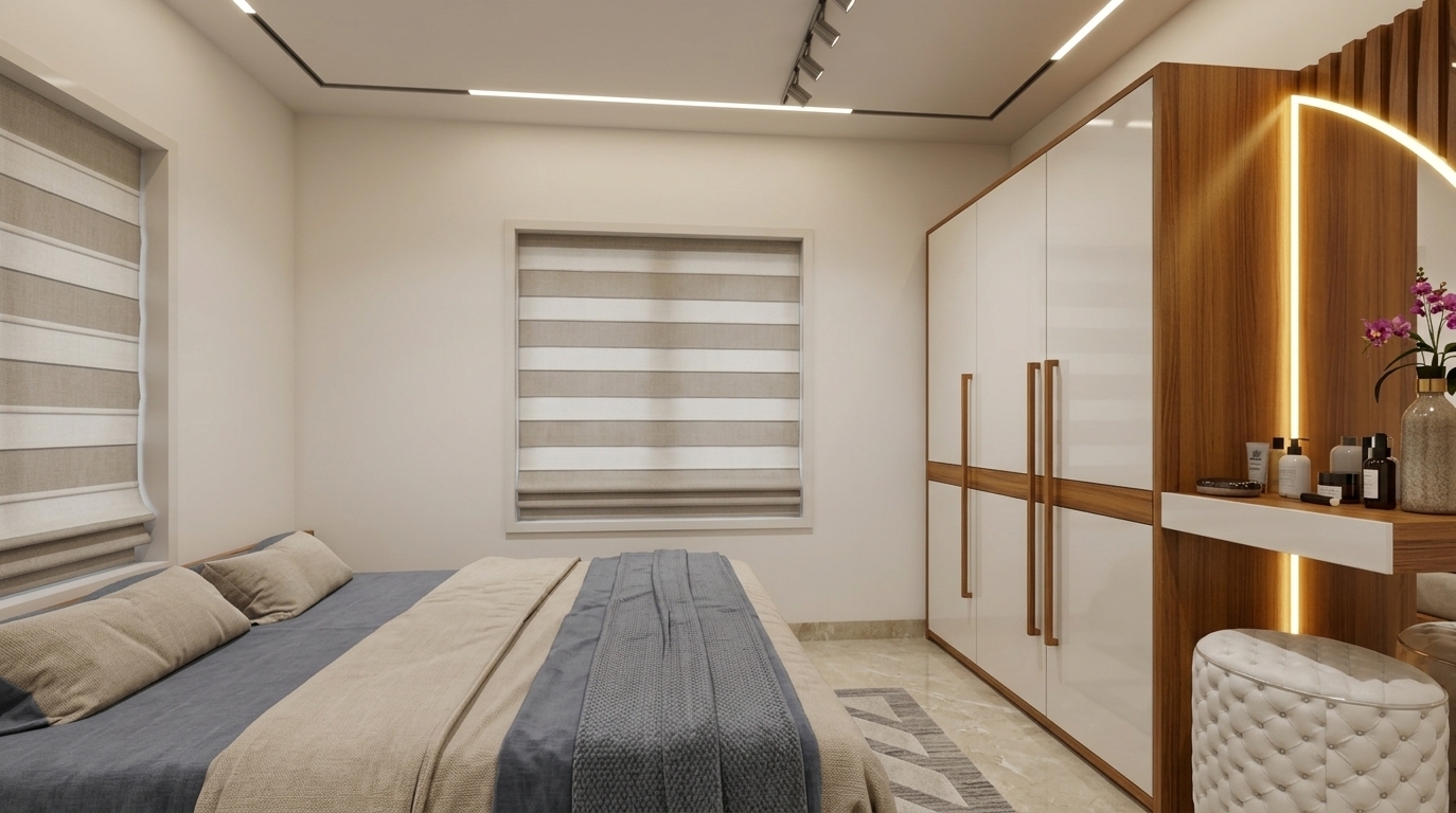 An incredibly lifelike, richly detailed, photorealistic wide-angle interior architectural rendering of a mid-century modern inspired bedroom set in an upscale contemporary residence. The scene is illuminated by soft ambient ceiling LED track lighting and the radiant, warm halo of an arched vanity backlight, creating a serene, sophisticated, and inviting atmosphere. Captured with a full-frame camera and a sharp 24mm wide-angle lens, emphasizing the rich organic grain of teak and walnut woodwork, smooth lacquered wardrobe surfaces, and crisp linen textiles. The composition centers on a neatly dressed bed layered with neutral beige and slate-grey linens, positioned beside a clean accent wall and walnut-framed windows fitted with pristine striped roman blinds. Along the right wall, sleek floor-to-ceiling cabinetry pairs glossy white doors with warm wood trim, seamlessly extending into a floating vanity station complete with curated grooming essentials, a vibrant floral accent, and an elegant tufted white ottoman resting on polished stone flooring.