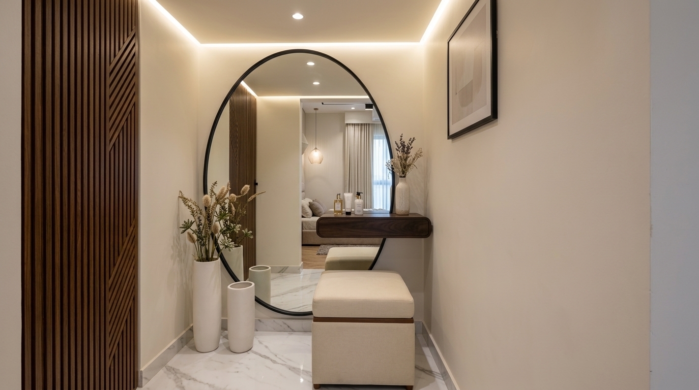 An incredibly lifelike, richly detailed, photorealistic eye-level interior shot of a sophisticated mudroom and dressing entryway set in a contemporary luxury apartment. The scene is illuminated by sleek perimeter LED cove lighting along the ceiling perimeter and warm recessed downlights, creating an inviting, airy, and refined atmosphere. Captured with a wide-angle 24mm architectural lens, emphasizing the gleaming polished white marble floor with delicate grey veining, smooth warm white walls, and rich slatted timber accents. At the center, a large, black-framed oval mirror creates depth by reflecting a soft, serene bedroom suite beyond. The space is thoughtfully furnished with a tailored, cream-cushioned wooden storage ottoman, a minimalist floating console with soft-curved edges, tall matte-white ceramic vases with botanical sprigs, and a framed piece of understated abstract art, epitomizing clean-lined contemporary elegance and balanced sophistication.