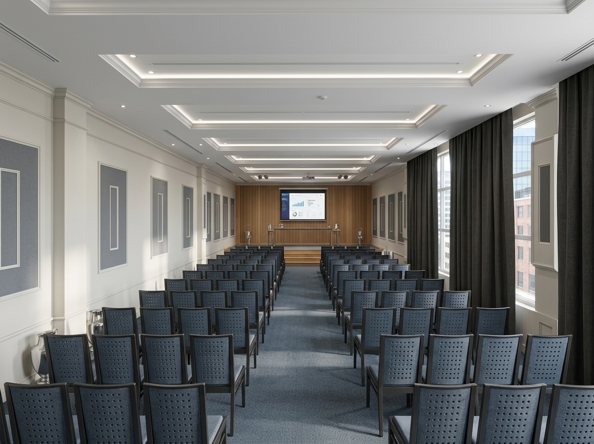 An incredibly lifelike, richly detailed, photorealistic wide-angle interior photograph of an executive staff conference hall set in a contemporary industrial corporate headquarters. The scene is illuminated by recessed multi-tiered ceiling spotlights and discreet architectural LED troughs paired with bright midday summer sunlight filtering past the tailored charcoal side drapes, creating a focused, refined, and professional atmosphere. Captured with a 24mm architectural tilt-shift lens, emphasizing the tactile weave of the expansive slate-blue textured carpet, the crisp shadow lines of the Wisconsin gypsum wall moldings, and the warm, vertical acoustic wood slatting across the front presentation wall. Perfectly aligned rows of dark-framed ergonomic chairs flank a central aisle leading up to an elevated stage, where a high-definition presentation display screen glows vividly with crisp business analytics and presentation slides. Through the partially draped floor-to-ceiling windows on the right, soft views of neighboring commercial architecture bathed in summer daylight enhance the realistic depth and polished executive ambiance of this minimalist corporate haven.