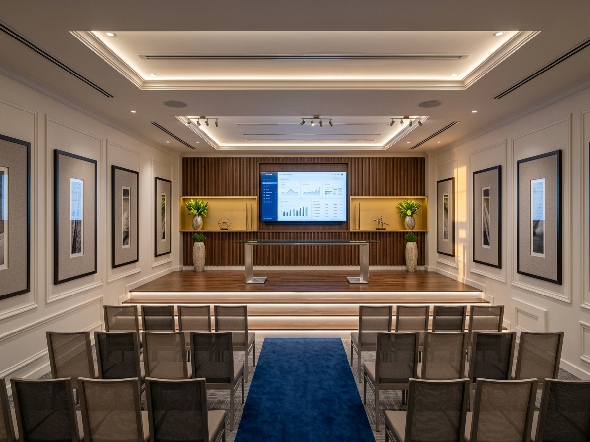 An incredibly lifelike, richly detailed, photorealistic wide-angle interior shot of a contemporary staff conference hall set in a sleek industrial corporate facility. The scene is illuminated by warm summer sunset light subtly filtering from peripheral spaces combined with soft, recessed LED ceiling coves and targeted track spotlights, creating a calm, focused, and professional atmosphere. Captured with a high-end architectural camera and a 24mm tilt-shift lens, emphasizing crisp Wisconsin gypsum wall mouldings, textured wood-slat feature paneling, fine fabric-mesh chair upholstery, and low-pile commercial carpeting. 

The composition highlights a raised hardwood-finished stage framed by vertical acoustic timber battens and lit golden alcoves holding elegant ceramic vases with vibrant green foliage and minimalist sculptures. A sleek, transparent presenter’s console sits centered beneath a sharp, ultra-high-definition monitor displaying a clean corporate dashboard. Symmetrical rows of modern auditorium seats in neutral tones face the stage across a deep royal-blue carpeted aisle, balanced by flawlessly detailed, multi-tiered white tray ceilings and refined architectural shadows that enhance the space’s depth and minimalist elegance.