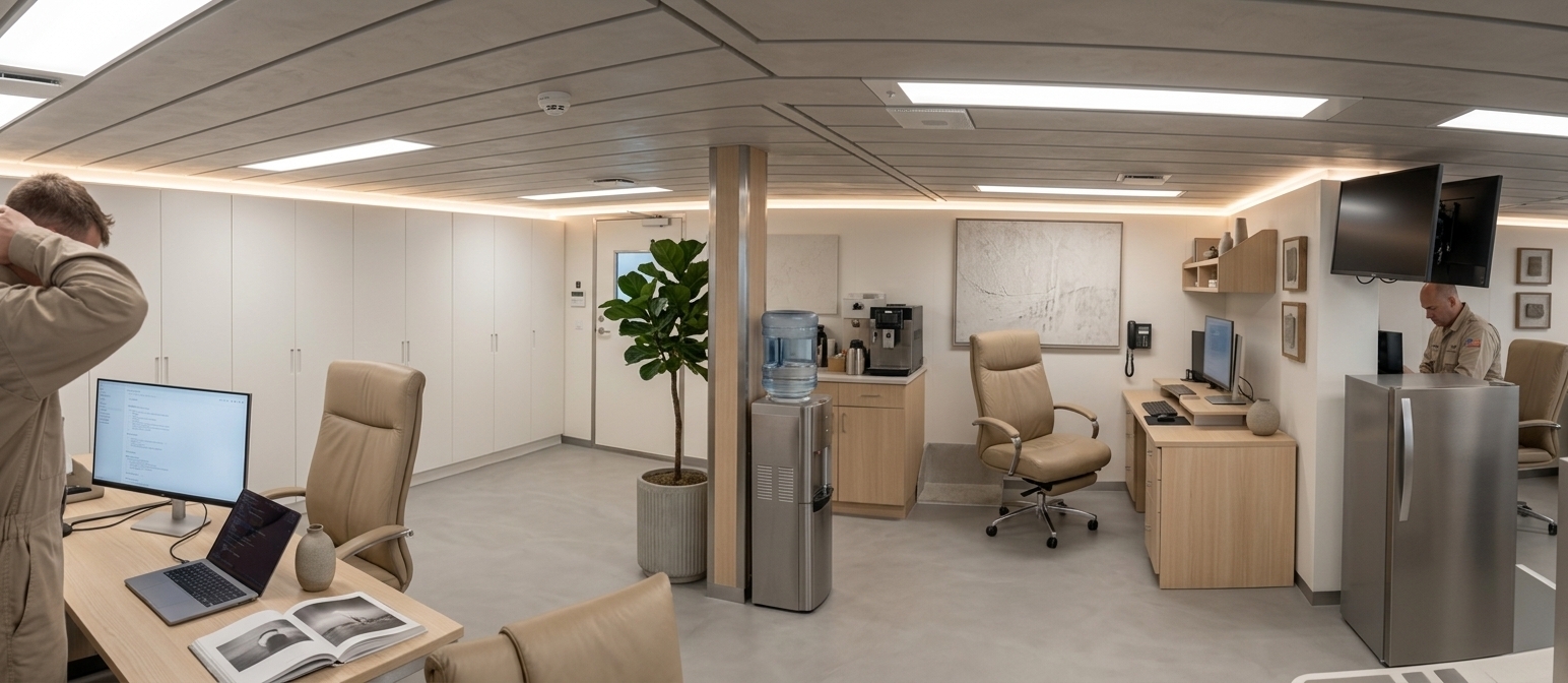 An incredibly lifelike, richly detailed, photorealistic panoramic wide-angle interior shot of a transformed, minimalist haven office set within a sleek, contemporary maritime-inspired workspace. The scene is illuminated by soft, recessed perimeter LED cove lighting and diffused warm daylight, creating a serene, focused, and tranquil atmosphere. Captured with a Sony A7R V paired with a 16-35mm f/2.8 GM lens, emphasizing seamless matte micro-cement flooring, satin-finish surfaces, and tactile, light-toned oak grain.

The reimagined space completely replaces the industrial clutter with streamlined, floor-to-ceiling concealed cabinetry in soft off-white, effortlessly concealing all storage. Minimalist floating desks composed of pale Scandinavian ash and slender brushed aluminum support slim, cable-free workstations, accented only by a single open photography book and understated stoneware ceramics. A curated monochromatic abstract canvas hangs elegantly on a smooth, muted gray feature wall, while a sculptural indoor plant in a fluted concrete planter introduces organic balance. Embracing shades of chalk white, pebble gray, and delicate warm neutrals, this uncluttered, Zen-inspired layout delivers a harmonious blend of refined modern elegance and peak ergonomic functionality.