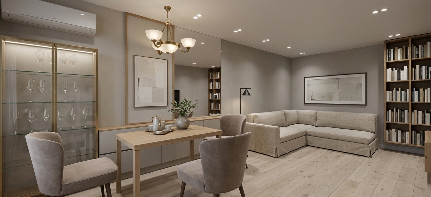 An incredibly lifelike, richly detailed, photorealistic wide-angle interior photograph of an open-plan dining room and adjoining lounge styled as a serene Scandinavian sanctuary set in a contemporary luxury apartment. The scene is illuminated by soft ambient ceiling spotlights, the warm diffused glow of a centerpiece vintage-inspired brass chandelier with frosted glass shades, and delicate vitrine backlighting, creating a calming, sophisticated, and deeply welcoming atmosphere. Captured with a professional full-frame camera and a 24mm tilt-shift lens, emphasizing the tactile linen fabrics, smooth matte finishes, polished crystal reflections, and natural blonde wood grains. In the foreground, an elegant light-wood dining table is dressed with a slender ceramic vase of fresh botanical sprigs and a refined tea set, flanked by chic upholstered dining chairs in a soft taupe hue. The muted greige walls, uninterrupted by exterior windows or doorways, are adorned with large, framed minimalist abstract paintings and expansive sleek mirrors that visually amplify the spatial depth. To the left, an integrated glass display cabinet gracefully showcases rows of gleaming crystal stemware beneath a modern slim-profile air conditioner, while the living space effortlessly transitions into a cozy corner anchored by a plush oatmeal-toned L-shaped sectional sofa, a slender matte-black floor lamp, and a floor-to-ceiling illuminated oak-framed library filled with curated books.