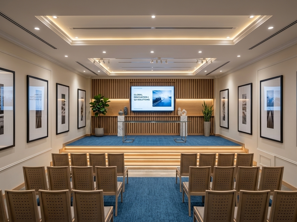 An incredibly lifelike, richly detailed, photorealistic wide-angle interior shot of a modern corporate conference hall and presentation stage set in an industrial office headquarters during a bright summer midday. The scene is illuminated by crisp recessed LED downlights, integrated cove ceiling illumination, and architectural spotlight tracks, creating a luminous, focused, and impeccably professional atmosphere. Captured with a full-frame camera and a 24mm tilt-shift lens, emphasizing the classical elegance of the Wisconsin gypsum wall mouldings, the plush textured weave of the vibrant blue carpeting, and the warmth of the vertical oak acoustic slats lining the stage backdrop.

At the center of the raised platform, a crystal-clear widescreen display showcases a sharp, high-resolution corporate presentation slide above a minimalist glass-and-steel presentation table. Elegant marble plinths support curated ceramic art pieces and lush potted indoor botanicals that soften the clean architectural geometry. Below the stage, rows of ergonomic conference chairs with finely perforated backrests frame a tidy central aisle, perfectly balancing corporate minimalism with high-end functionality.