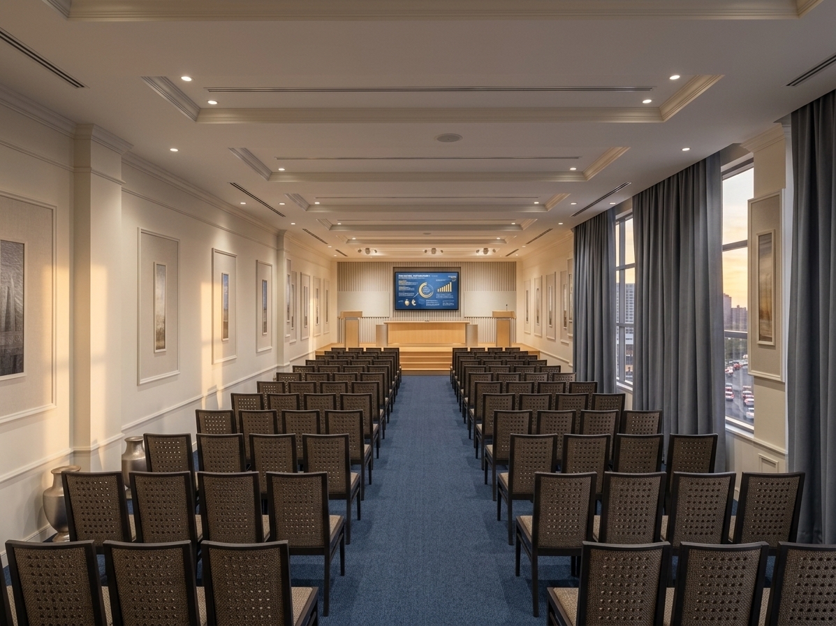 An incredibly lifelike, richly detailed, photorealistic wide-angle interior photograph of a modern staff conference hall set in an upscale corporate wing of an industrial establishment. The scene is illuminated by soft, ambient recessed LED ceiling fixtures blended seamlessly with the warm, golden light of a late summer sunset filtering through large side windows, creating an elegant, professional, and tranquil atmosphere. Captured with a 24mm tilt-shift architectural lens, emphasizing the fine textures of the deep-blue commercial low-pile carpeting, classical Wisconsin gypsum wall mouldings, and the linear warmth of the vertical wood-slat feature wall. 

At the far end, an elevated stage platform anchors the room, featuring a vibrant high-definition graphic presentation displayed on the central flat screen, flanked by sleek light-wood podiums and subtle metallic accents. Symmetrical rows of dark-framed, woven-fabric conference chairs flank a wide central aisle, offering impeccable perspective and depth. Heavy, floor-to-ceiling slate-gray draperies drape gracefully along the window wall, revealing glimpses of a bustling commercial district bathed in evening dusk outside, perfectly capturing a serene and minimalist meeting haven.