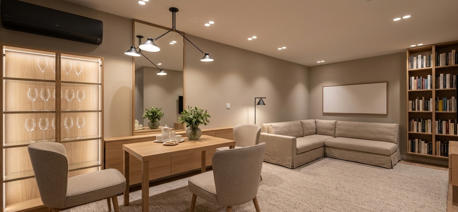 An incredibly lifelike, richly detailed, photorealistic wide-angle interior photograph of a refined dining room seamlessly flowing into a living area set in a cozy Scandinavian sanctuary. The scene is illuminated by soft, diffused recessed ceiling lights and the warm, focused radiance of a matte black three-arm modern chandelier suspended above the dining table, creating an intimate, serene, and inviting atmosphere. Captured with a professional full-frame camera and a 24mm architectural lens, emphasizing the tactile textures of woven oatmeal linen, natural light oak wood, smooth matte painted walls, and pristine reflective surfaces. In the foreground, a sleek light-wood dining table is flanked by gracefully contoured, upholstered dining chairs with slender legs, showcasing a polished ceramic tea set and a lush decorative vase of fresh foliage at its center. Flanking the dining arrangement, the smooth warm-greige walls are adorned with large, sophisticated minimalist paintings and an expansive, floor-to-ceiling architectural mirror that beautifully reflects the warm ambient light. To the left, a tall glass-front display cabinet softly illuminates an array of crystal wine glasses, while the background reveals an inviting L-shaped linen sectional sofa resting beneath a large framed horizontal canvas, seamlessly harmonizing with a tall, built-in timber bookcase filled with curated hardcovers for an undeniably elegant, balanced interior.