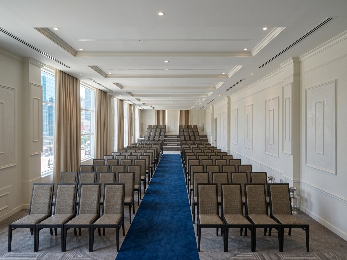 An incredibly lifelike, richly detailed, photorealistic wide-angle interior shot of a sophisticated staff conference hall with terraced rear seating set in a modern industrial corporate facility. The scene is illuminated by crisp, recessed ceiling downlights paired with bright, diffuse summer midday light streaming through expansive side windows, creating a serene, focused, and professional minimalist atmosphere. Captured with a professional full-frame architectural camera and a 24mm tilt-shift lens, emphasizing the delicate craftsmanship of the Wisconsin gypsum wall mouldings, the tactile woven mesh and dark matte frames of the seating, and the rich textile contrast of the central blue aisle runner against neutral carpeting. Flanking the aisle, rows of neatly arranged conference chairs lead the eye toward raised stadium-style seating in the back, while tall draped curtains frame generous windows that reveal glimpses of a vibrant commercial district outside. Subtle decorative additions, such as sleek glass water carafes and refined baseboard trims, complete this balanced, clutter-free haven for corporate collaboration.
