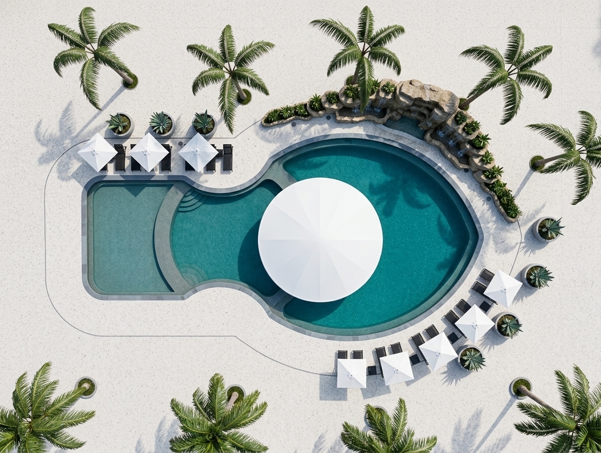 An incredibly lifelike, richly detailed, photorealistic overhead landscape photo of a luxury outdoor pool area set in a tranquil tropical garden. The scene is illuminated by crisp, bright natural sunlight casting clean, geometric shadows, creating a serene, uncluttered, and zen-inspired atmosphere. Captured with a Hasselblad H6D-100c with a wide-angle prime lens, emphasizing the fine textures of the pale speckled stone patio, the crystal-clear gradation of the multi-tiered turquoise water, and the natural grain of rock formations. Designed as a modern minimalist haven in a refined palette of white, slate gray, and subtle pastels, the streamlined layout features functional black sun loungers topped with pristine white square umbrellas, a bold circular shade dome, integrated rock wall gardens with subtle waterfall details, and lush perimeter palm trees defining this elegant, uncluttered outdoor retreat.