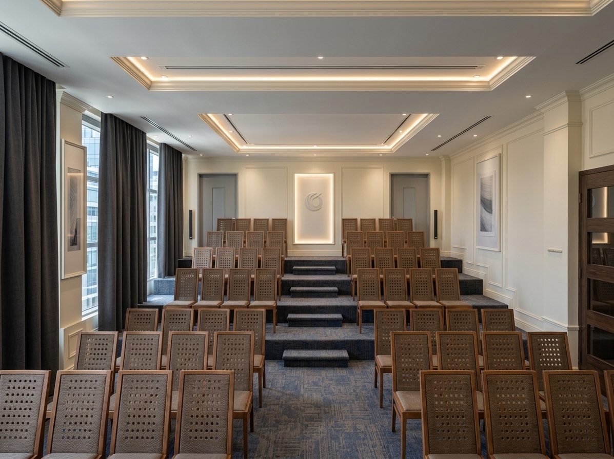 An incredibly lifelike, richly detailed, photorealistic eye-level wide shot of a staff conference auditorium set in a modern industrial corporate office. The scene is illuminated by crisp, natural midday summer light filtering past tailored charcoal drapery alongside warm, recessed LED cove lighting and ceiling spotlights, creating a focused, sophisticated, and tranquil atmosphere. Captured with a professional 24mm tilt-shift architectural lens, emphasizing the fine Wisconsin gypsum wall mouldings, the plush acoustic texture of the slate-blue and taupe carpeting, and the intricate perforated mesh weave on the tiered rows of seating. A neatly carpeted central staircase ascends through the stepped auditorium tiers toward a softly backlit central focal panel at the back wall. Subtle reflections on the timber-framed glass door and glimpses of a contemporary commercial district through the side windows complete this balanced, minimalist haven designed for seamless professional presentations.