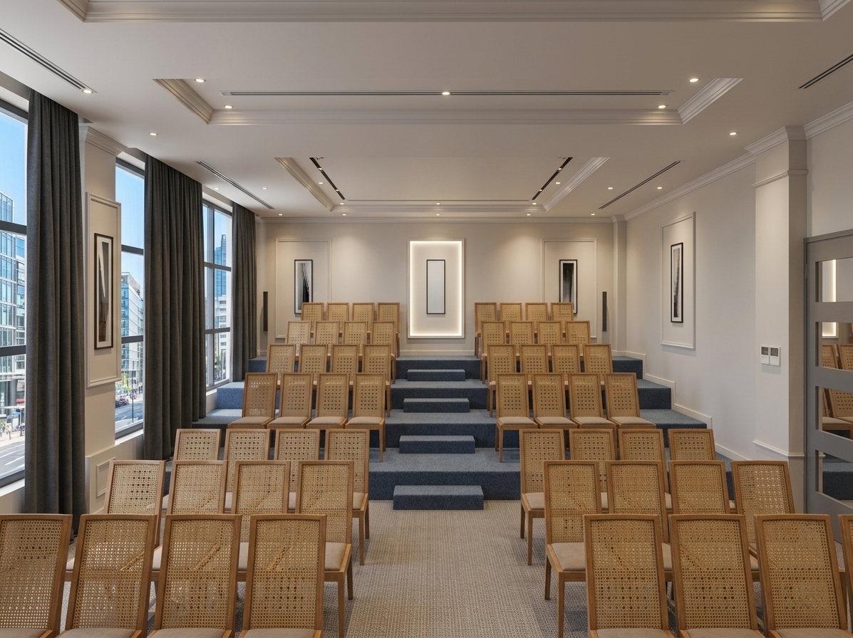 An incredibly lifelike, richly detailed, photorealistic wide-angle interior photograph of a contemporary staff conference hall set within the executive wing of a modern industrial complex. The scene is illuminated by balanced, warm-toned recessed spotlights set into a tiered tray ceiling and bright summer midday daylight softly diffusing through floor-to-ceiling windows on the left, creating a refined, tranquil, and productive corporate atmosphere. Captured with a professional 24mm architectural tilt-shift lens, emphasizing the crisp precision of Wisconsin gypsum wall moldings, the rich pile of the slate-blue commercial carpet, and the tactile woven backrests of the tiered wooden auditorium seating. Heavy, tailored charcoal curtains hang gracefully alongside the windows, through which a glimpse of a bustling commercial district under the summer sun is visible. Central carpeted steps ascend gracefully through the amphitheater-style terraced rows toward a sleek, backlit presentation panel at the far wall, accentuating the hall's clean lines and modern minimalist aesthetic.