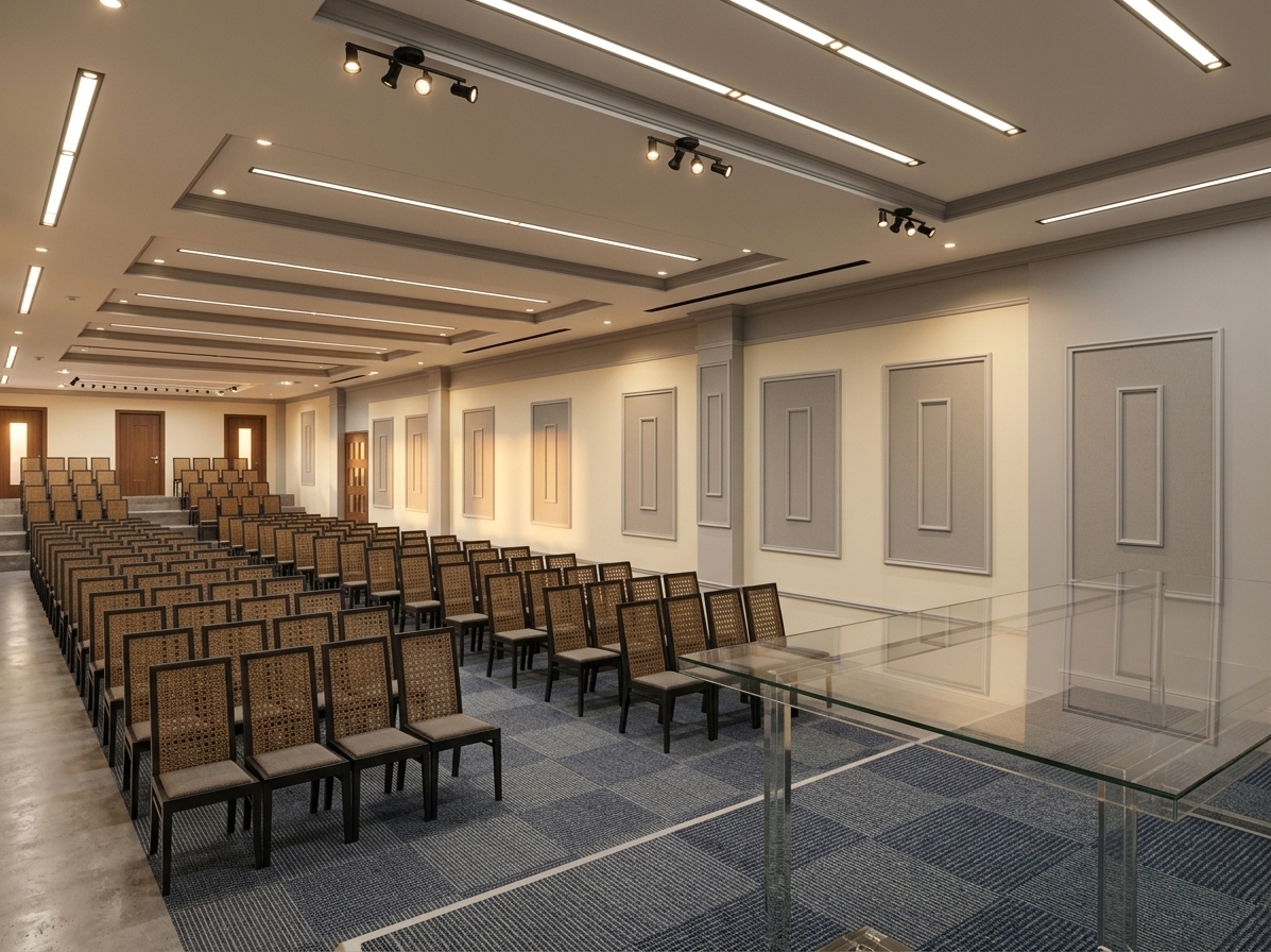 An incredibly lifelike, richly detailed, photorealistic wide-angle interior photograph of a grand staff conference hall set within the administrative quarter of a contemporary industrial establishment. The scene is illuminated by the warm, amber radiance of a late summer sunset filtering softly through the far entrance, seamlessly balanced with the crisp glow of recessed ceiling downlights and adjustable black track spotlights, creating an inviting, professional, and tranquil minimalist atmosphere. Captured with a 24mm full-frame architectural lens at eye level, the image emphasizes the crisp relief of refined Wisconsin gypsum wall panel mouldings, the tactile loop-pile texture of the dual-tone slate-grey and navy-blue carpeting, and the sleek woven cane-style backrests of the dark-framed conference seating. In the foreground, a transparent glass presentation podium with subtle crystalline reflections overlooks the orderly tiered rows, accentuating the expansive depth, impeccable acoustic ceiling details, and refined modern aesthetic of the hall.